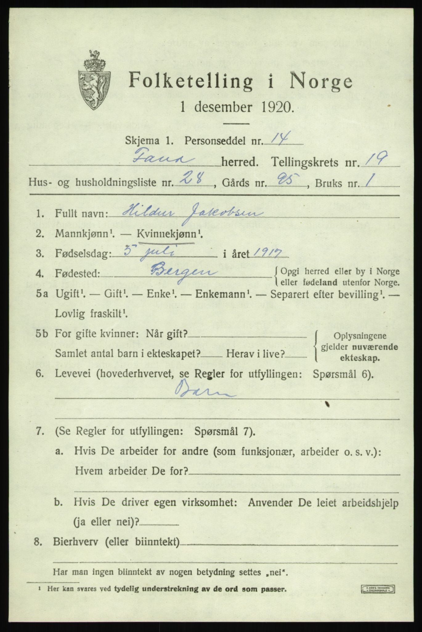 SAB, 1920 census for Fana, 1920, p. 23091