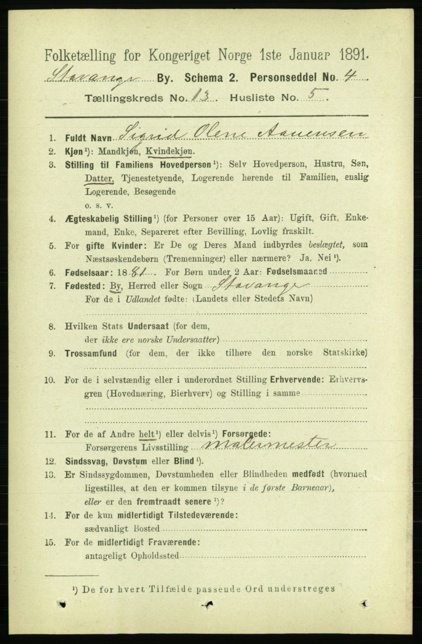 RA, 1891 census for 1103 Stavanger, 1891, p. 16079