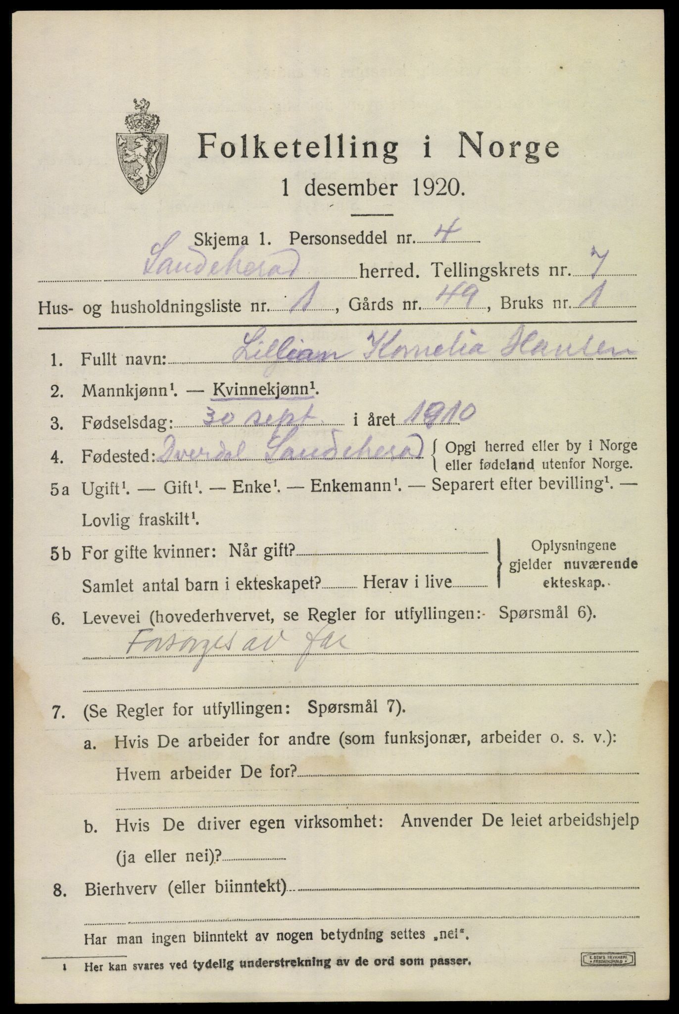 SAKO, 1920 census for Sandeherred, 1920, p. 11920