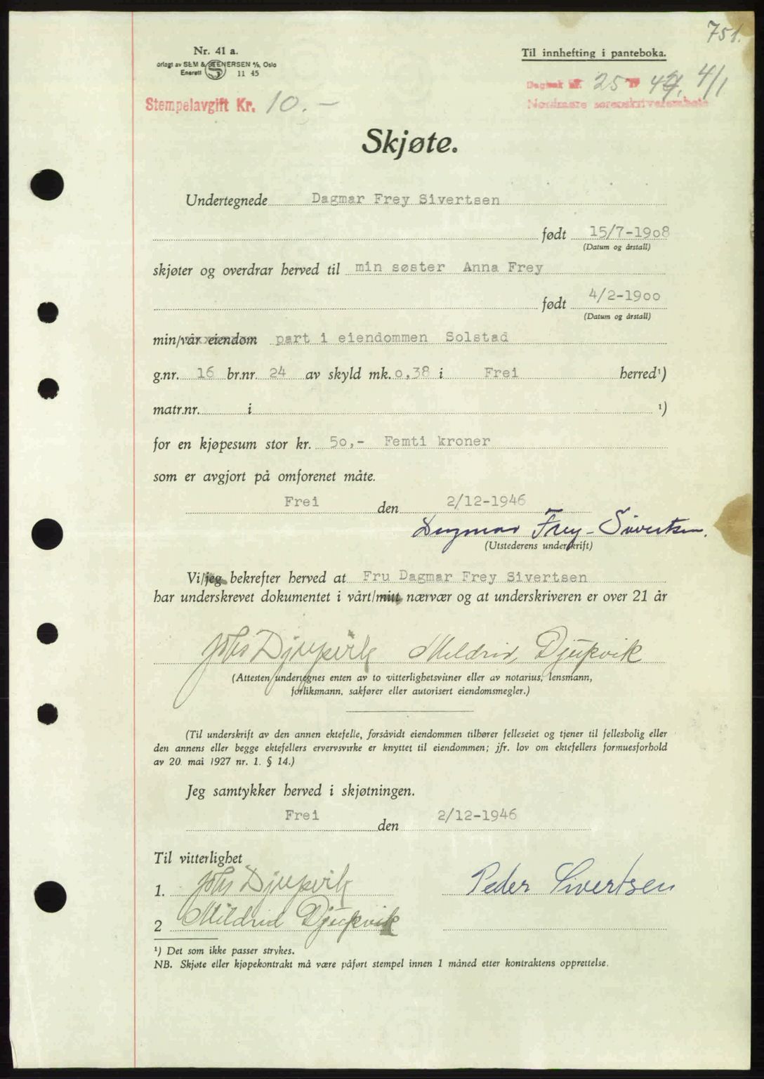 Nordmøre sorenskriveri, AV/SAT-A-4132/1/2/2Ca: Mortgage book no. A103, 1946-1947, Diary no: : 25/1947