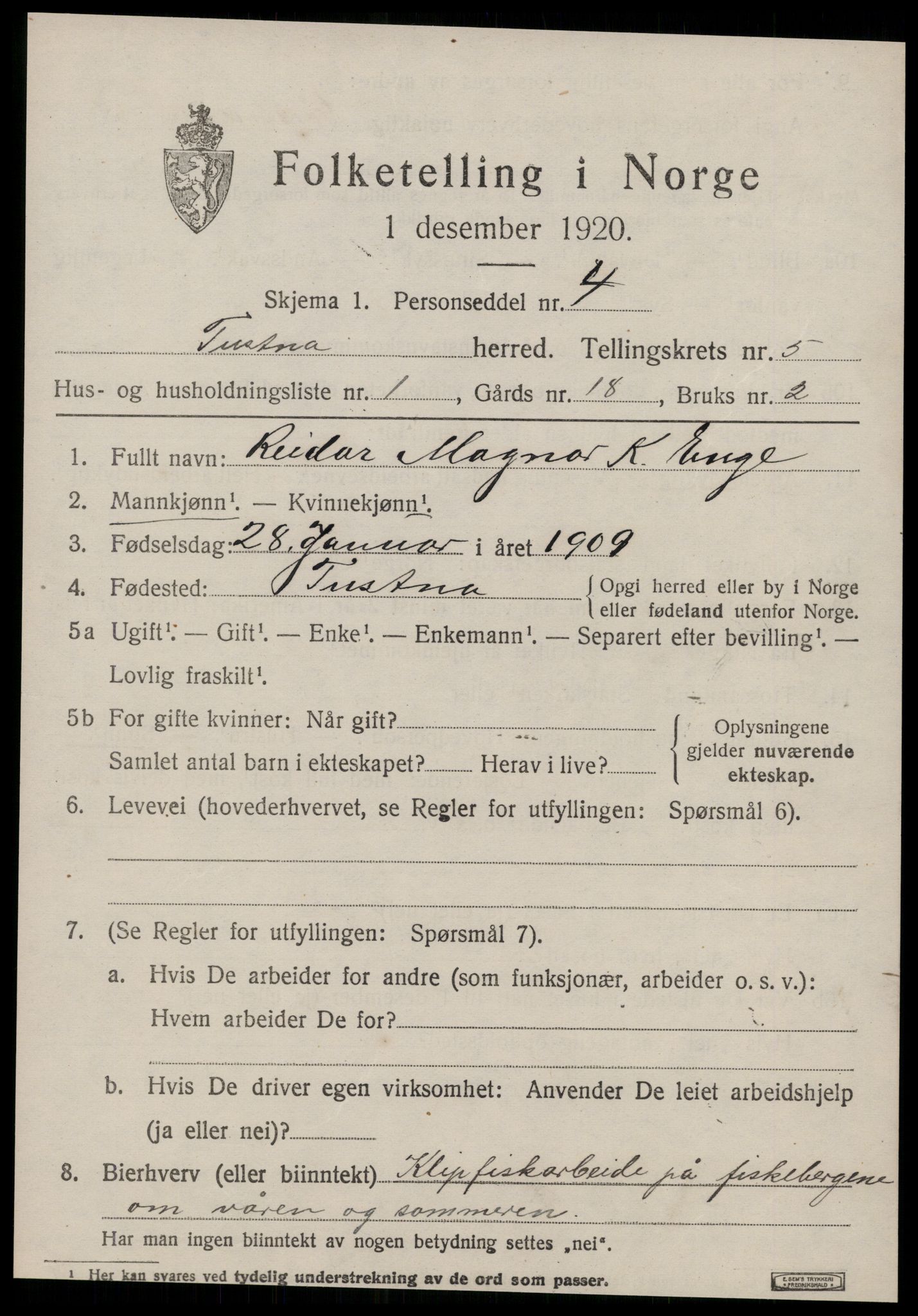 SAT, 1920 census for Tustna, 1920, p. 2381