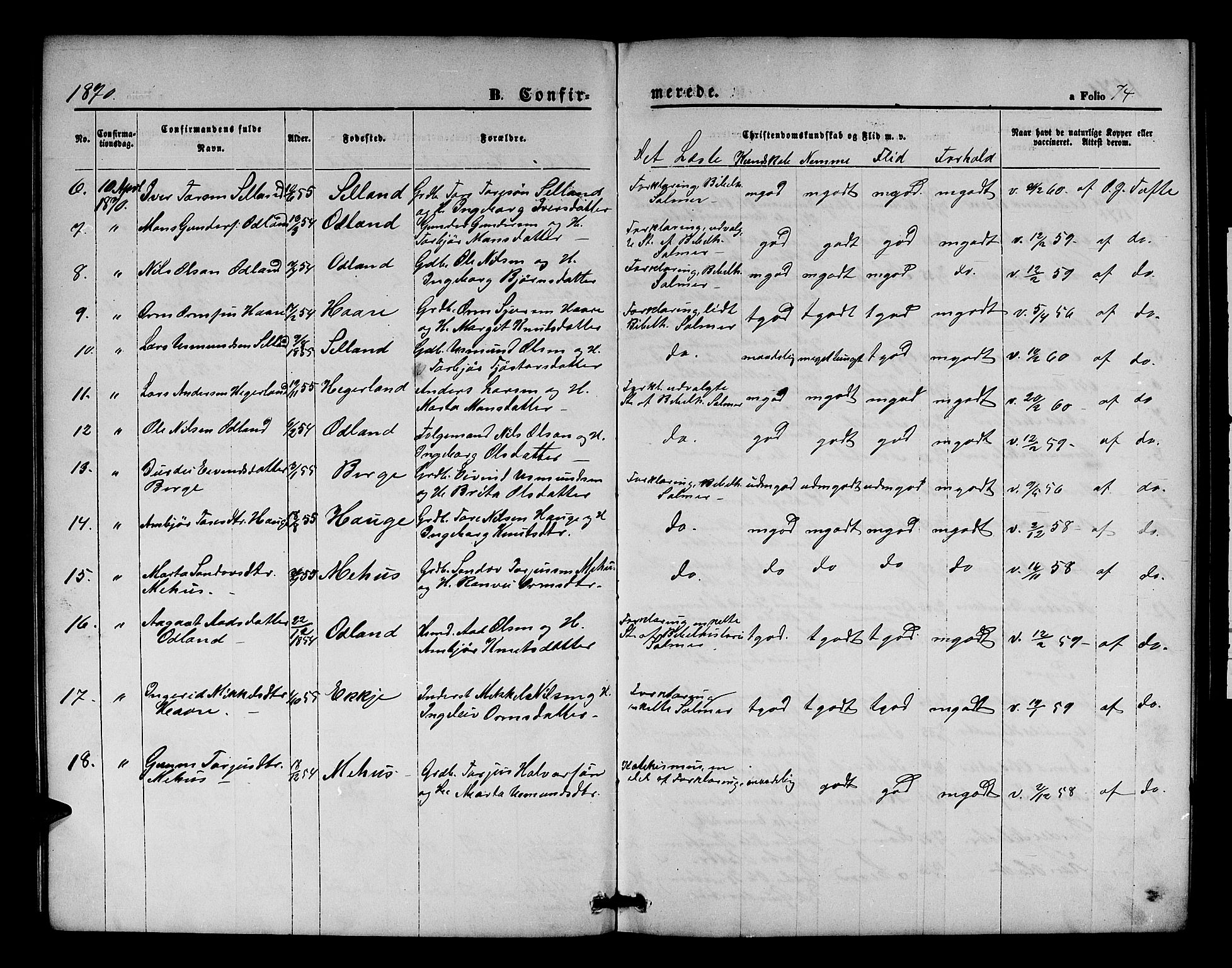 Røldal sokneprestembete, AV/SAB-A-100247: Parish register (copy) no. A 2, 1861-1886, p. 74