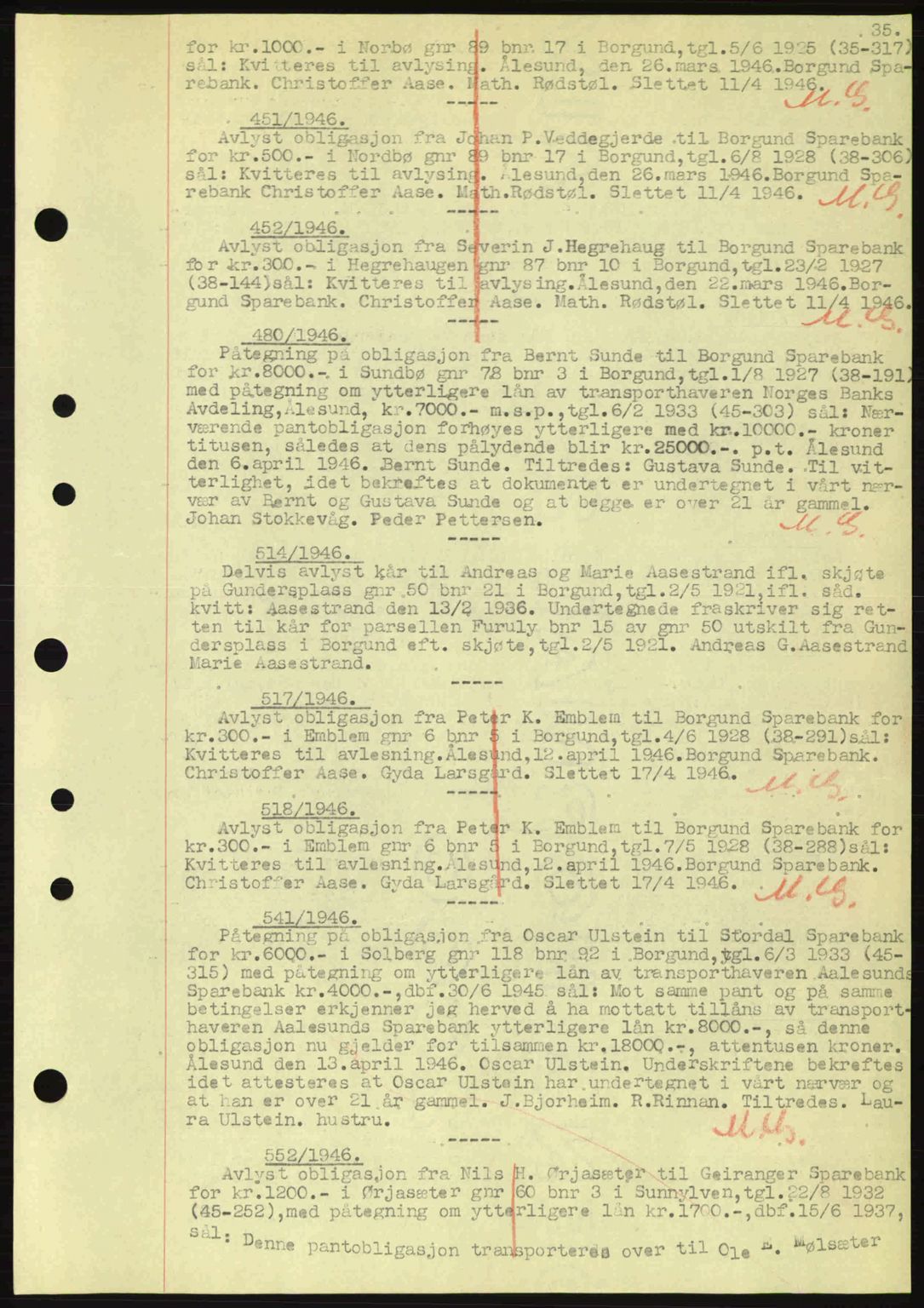 Nordre Sunnmøre sorenskriveri, SAT/A-0006/1/2/2C/2Ca: Mortgage book no. B6-14 a, 1942-1945, Diary no: : 451/1946