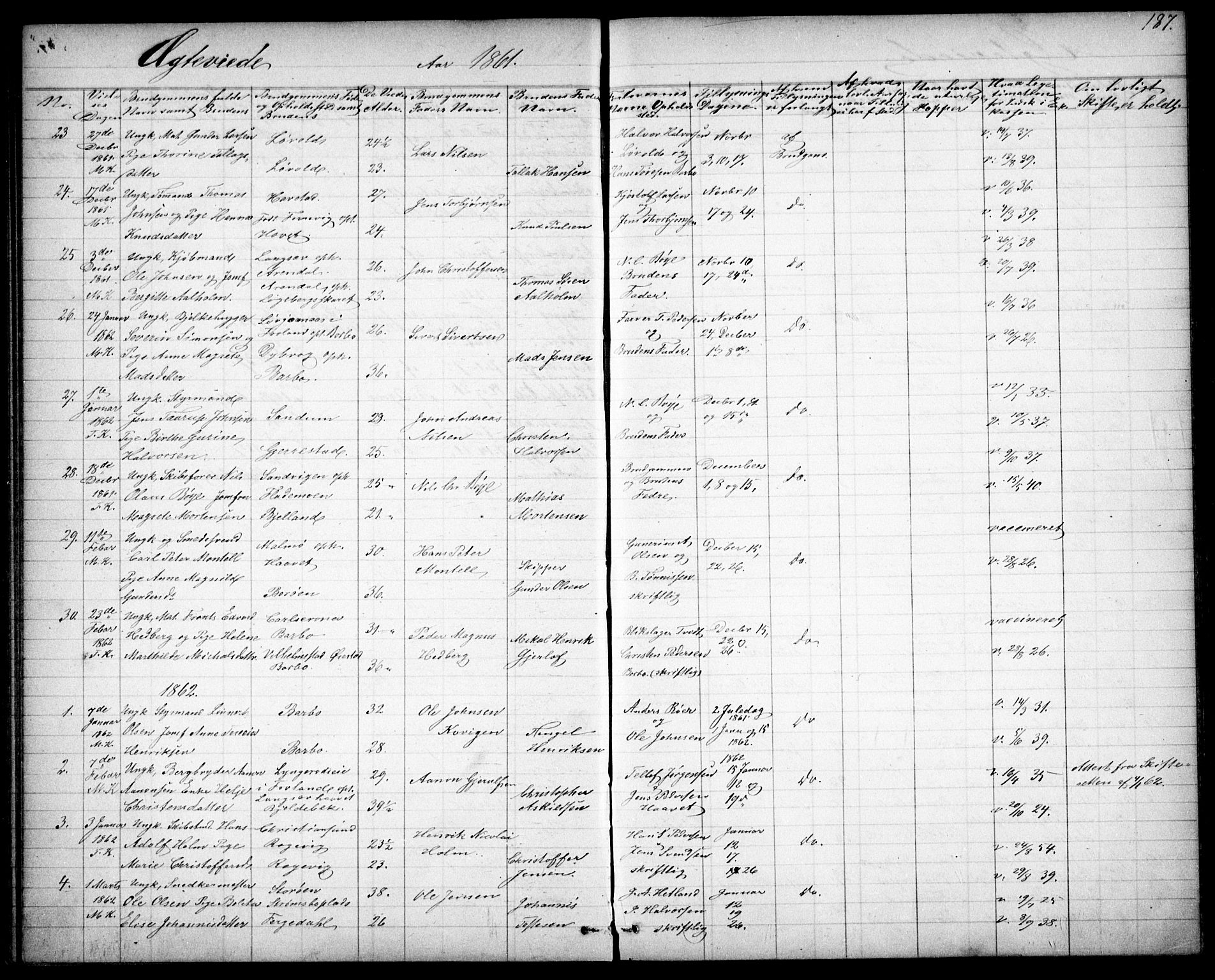 Tromøy sokneprestkontor, AV/SAK-1111-0041/F/Fb/L0003: Parish register (copy) no. B 3, 1859-1868, p. 187