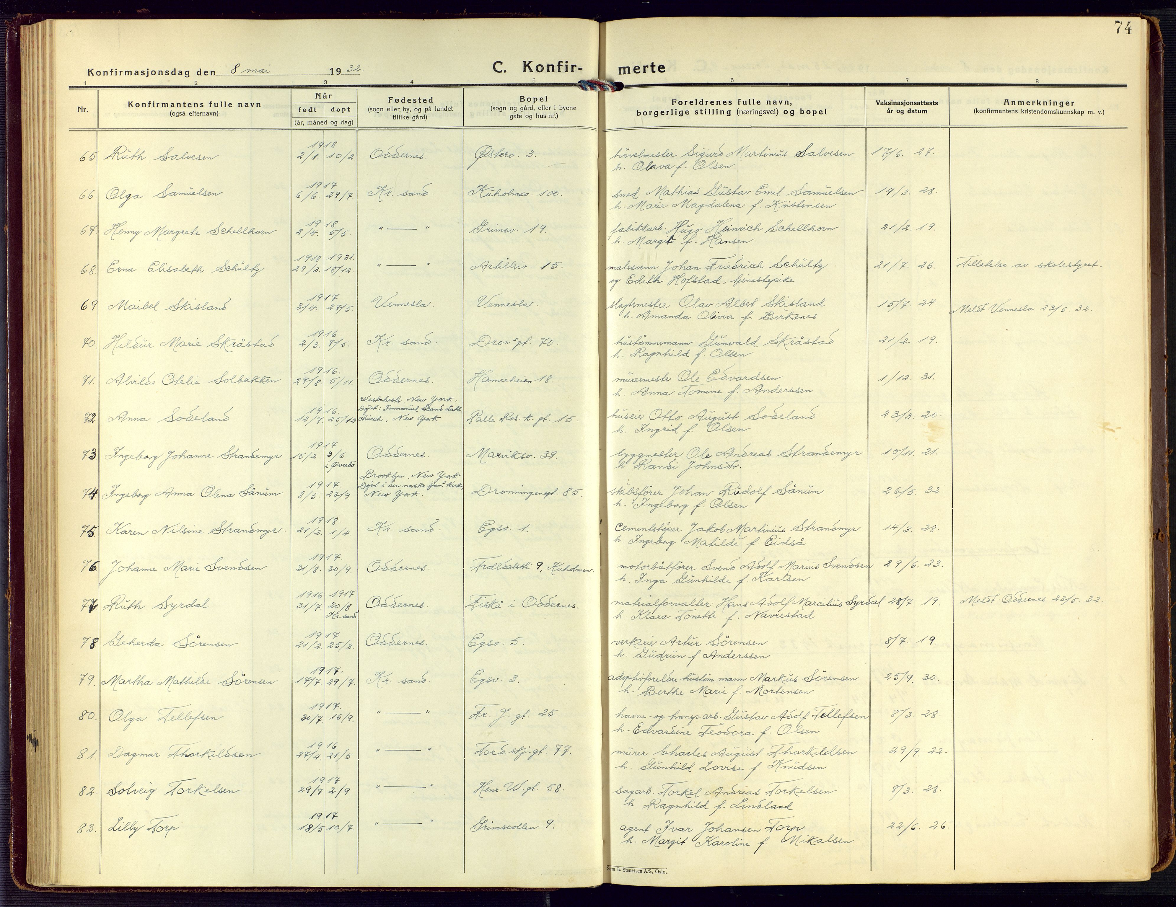 Kristiansand domprosti, AV/SAK-1112-0006/F/Fa/L0027: Parish register (official) no. A 26, 1928-1940, p. 74