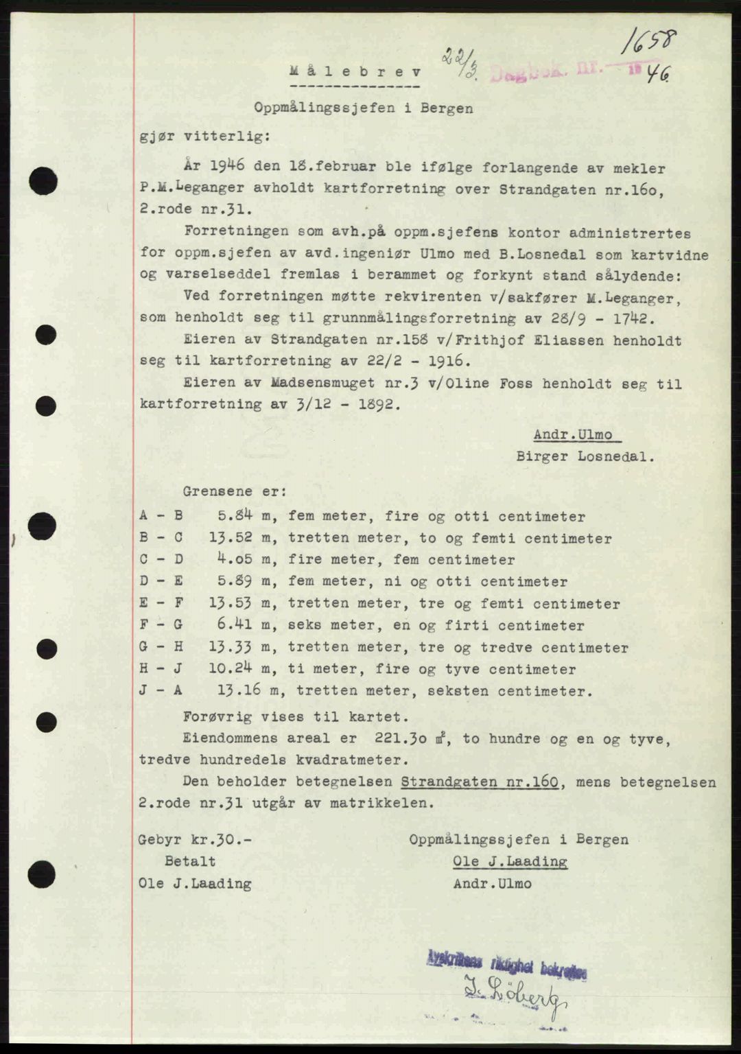 Byfogd og Byskriver i Bergen, SAB/A-3401/03/03Bc/L0022: Mortgage book no. A18, 1946-1946, Diary no: : 1658/1946