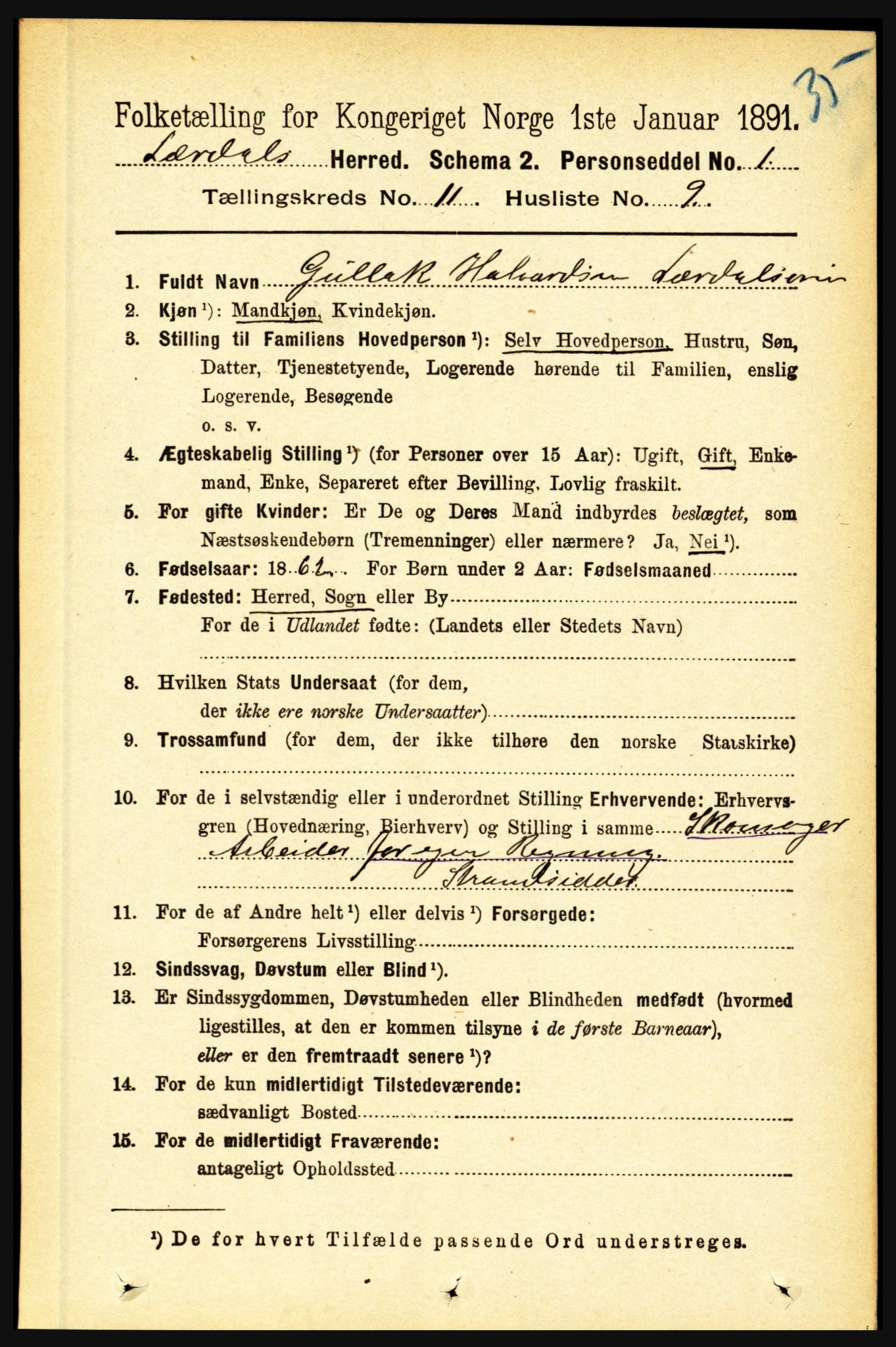 RA, 1891 census for 1422 Lærdal, 1891, p. 2190