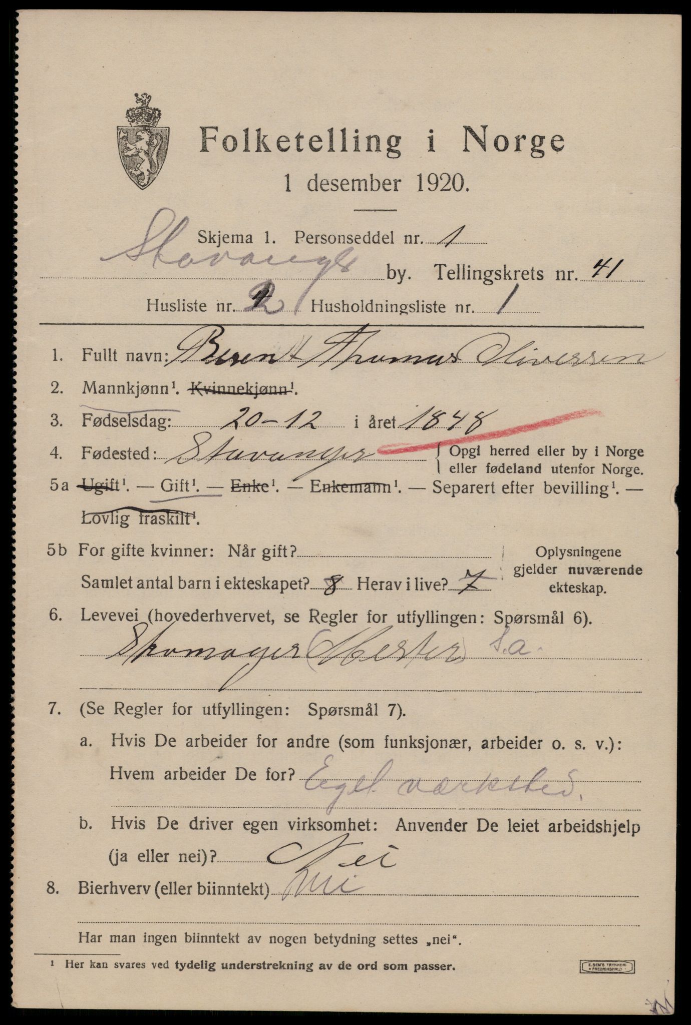 SAST, 1920 census for Stavanger, 1920, p. 103596