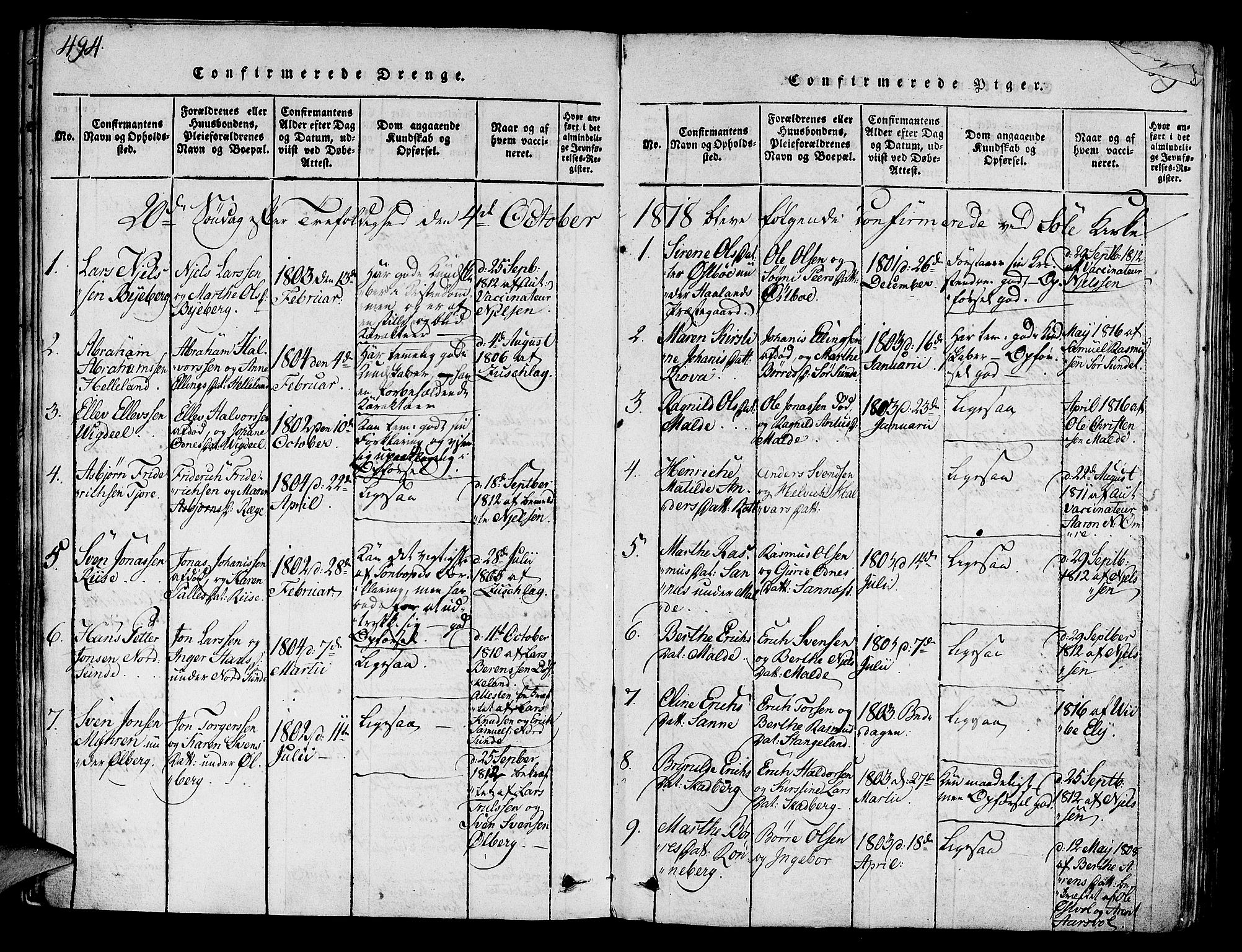 Håland sokneprestkontor, AV/SAST-A-101802/001/30BA/L0004: Parish register (official) no. A 4, 1815-1829, p. 494-495