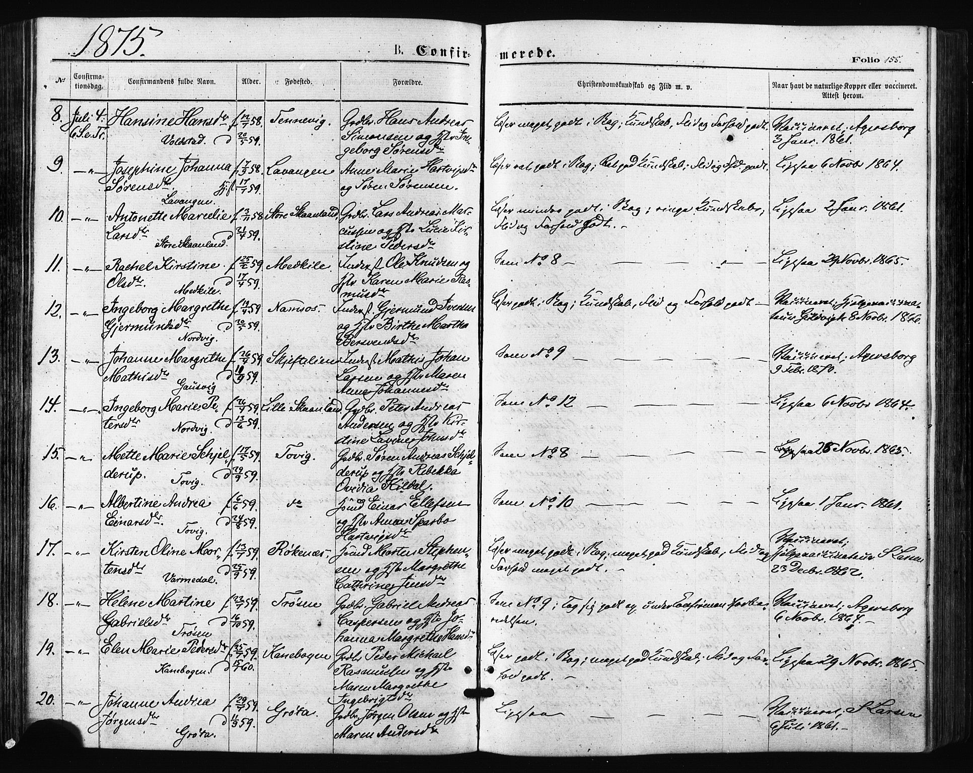 Trondenes sokneprestkontor, SATØ/S-1319/H/Ha/L0013kirke: Parish register (official) no. 13, 1870-1878, p. 155
