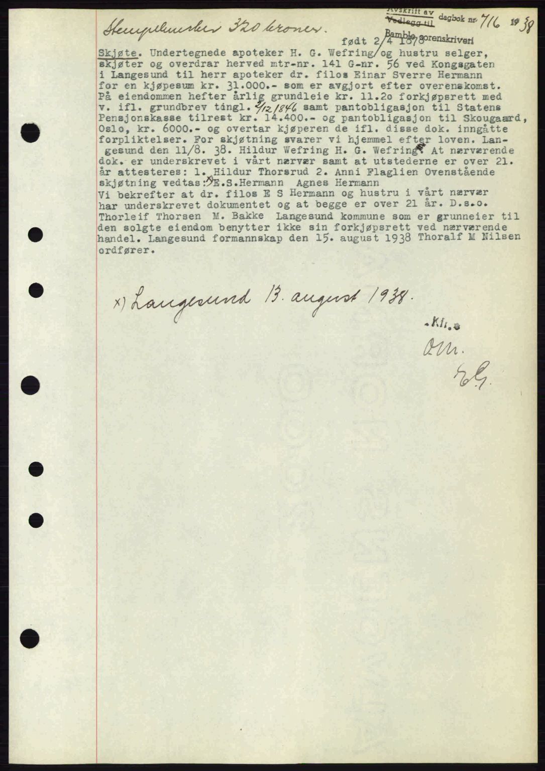 Bamble sorenskriveri, AV/SAKO-A-214/G/Ga/Gag/L0002: Mortgage book no. A-2, 1937-1938, Diary no: : 716/1938