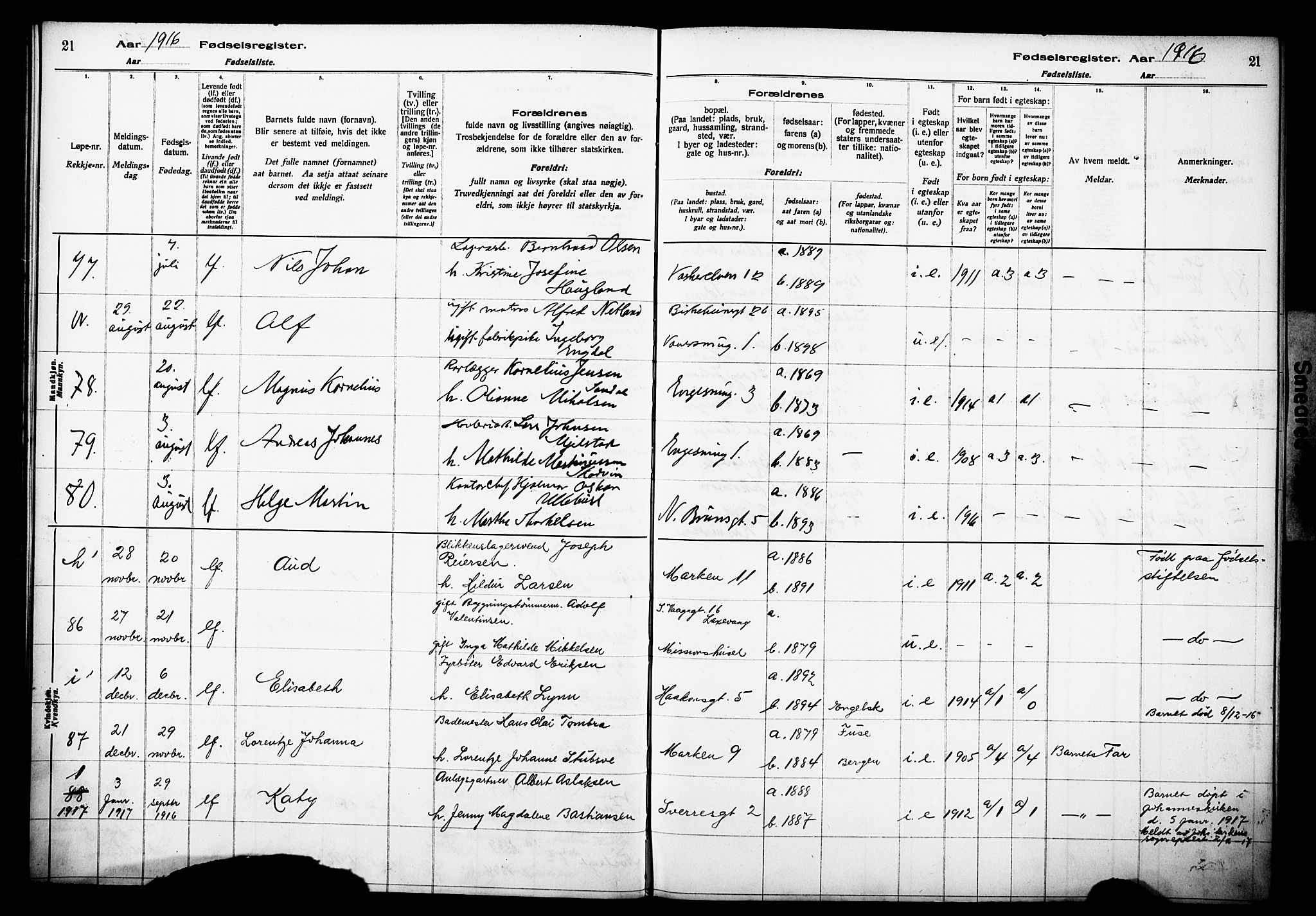 Domkirken sokneprestembete, SAB/A-74801/I/Id/L00A1: Birth register no. A 1, 1916-1923, p. 21