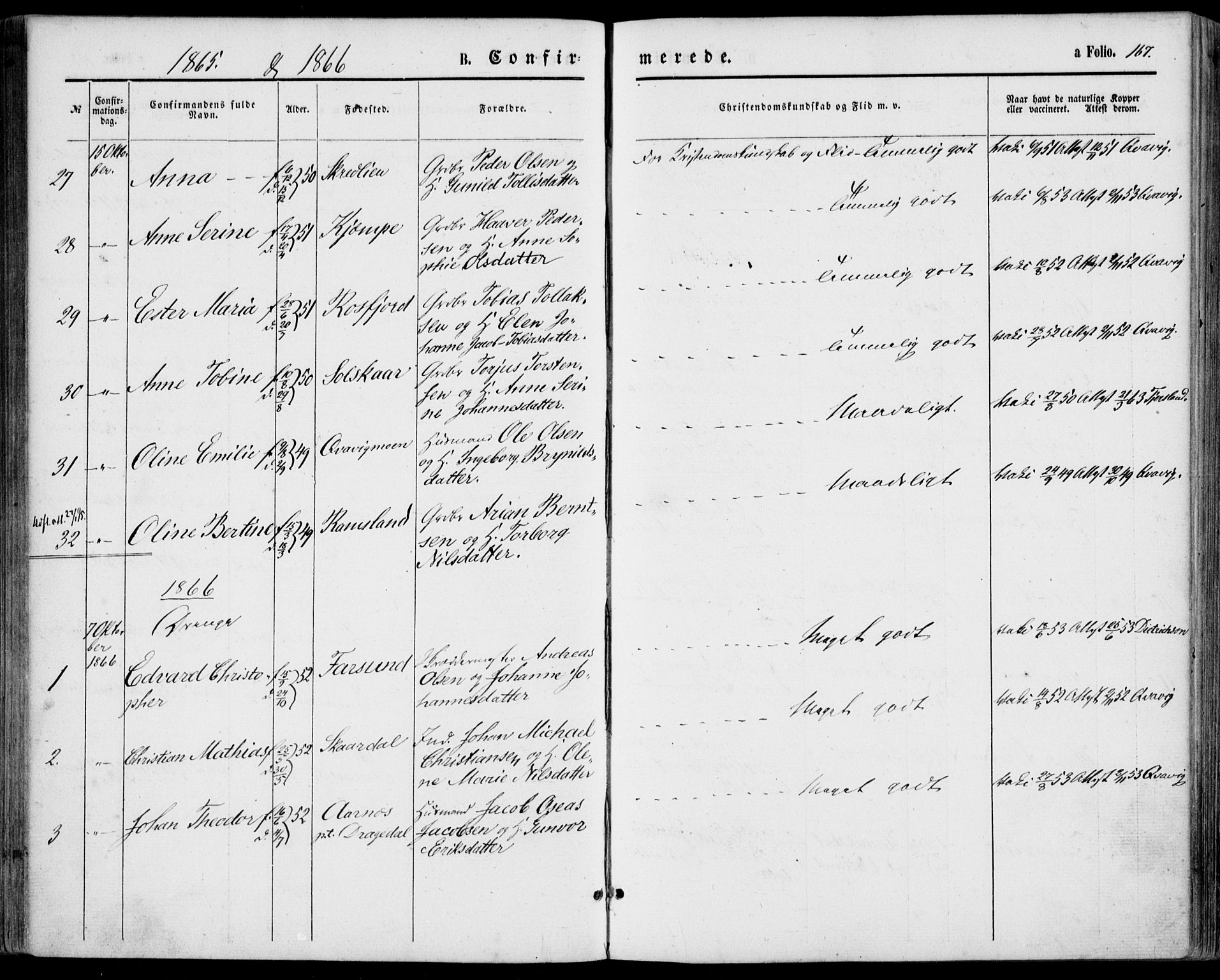 Lyngdal sokneprestkontor, SAK/1111-0029/F/Fa/Fac/L0010: Parish register (official) no. A 10, 1865-1878, p. 167