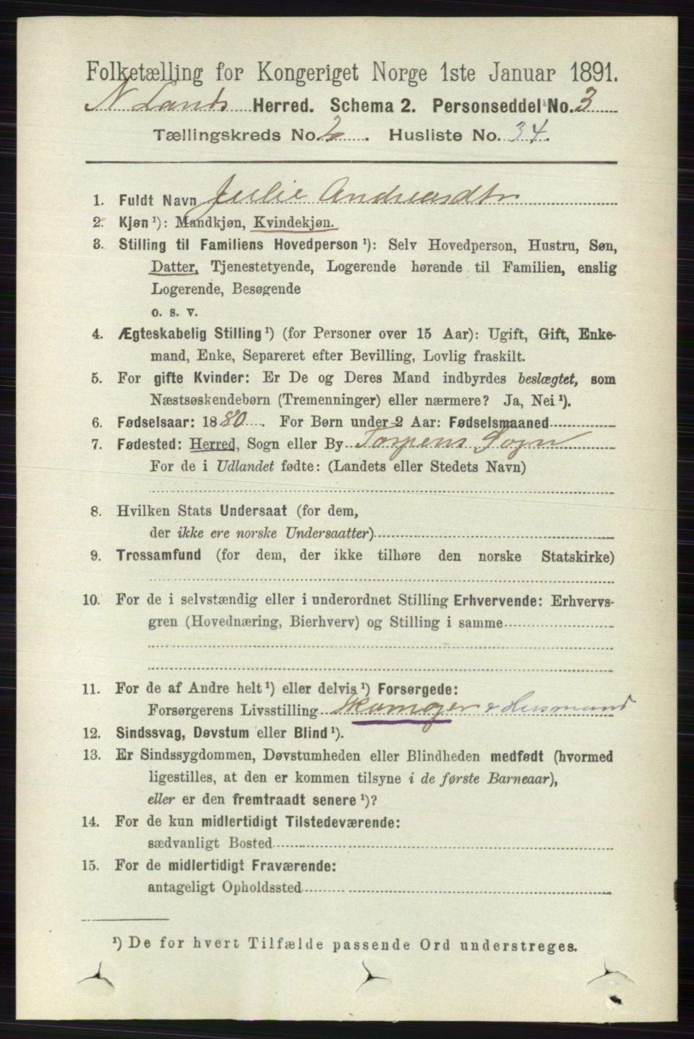 RA, 1891 census for 0538 Nordre Land, 1891, p. 791