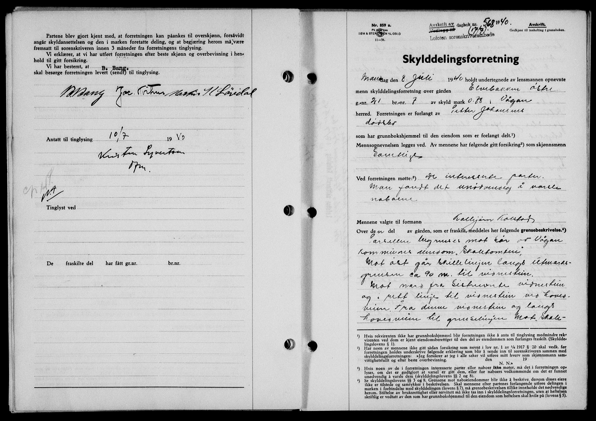 Lofoten sorenskriveri, SAT/A-0017/1/2/2C/L0007a: Mortgage book no. 7a, 1939-1940, Diary no: : 568/1940