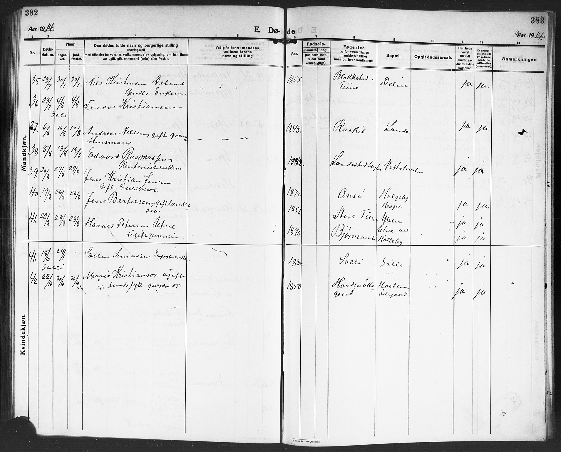 Tune prestekontor Kirkebøker, AV/SAO-A-2007/G/Ga/L0003: Parish register (copy) no. I 3, 1914-1919, p. 382-383