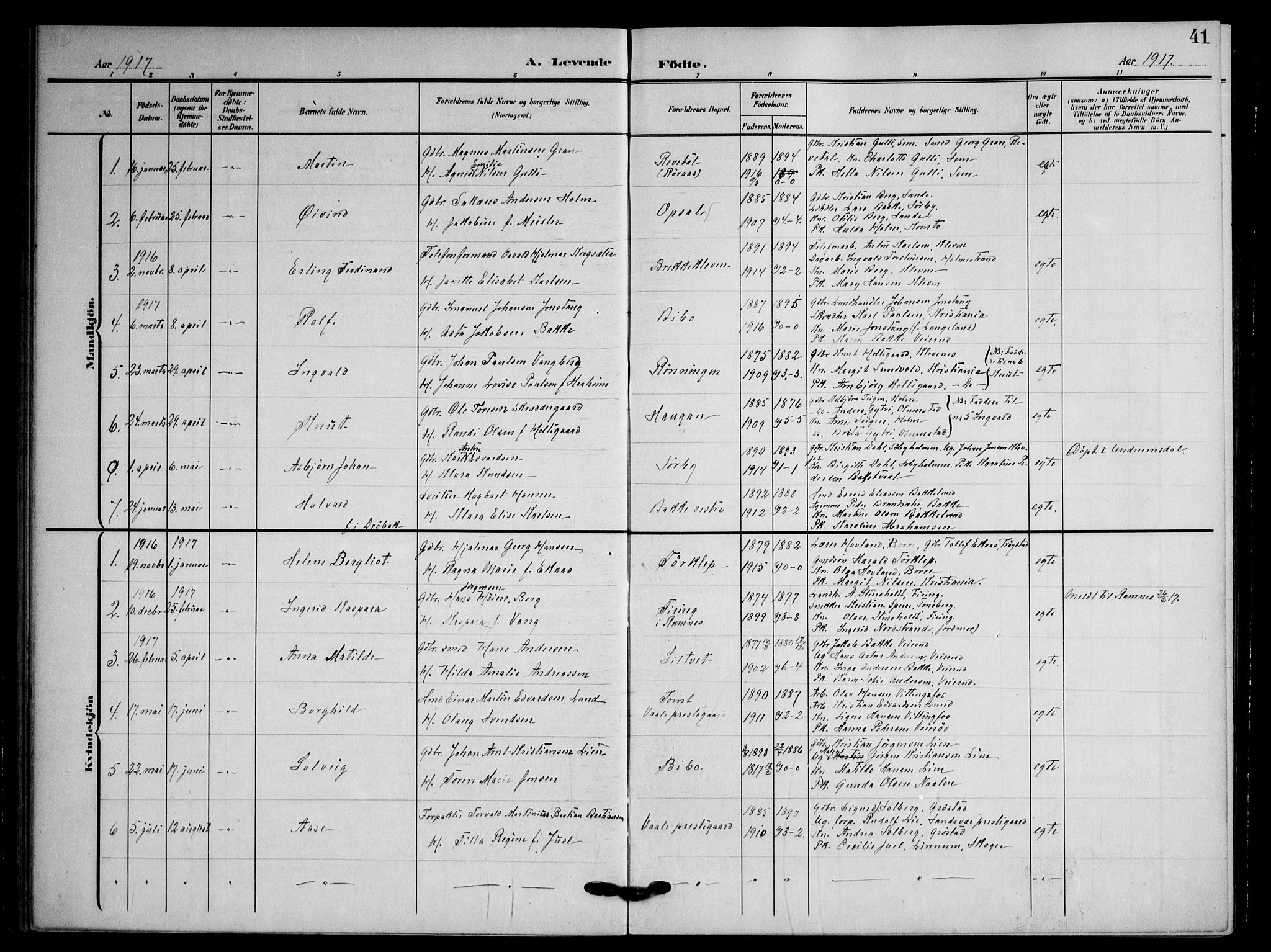 Våle kirkebøker, AV/SAKO-A-334/F/Fa/L0012: Parish register (official) no. I 12, 1907-1934, p. 41