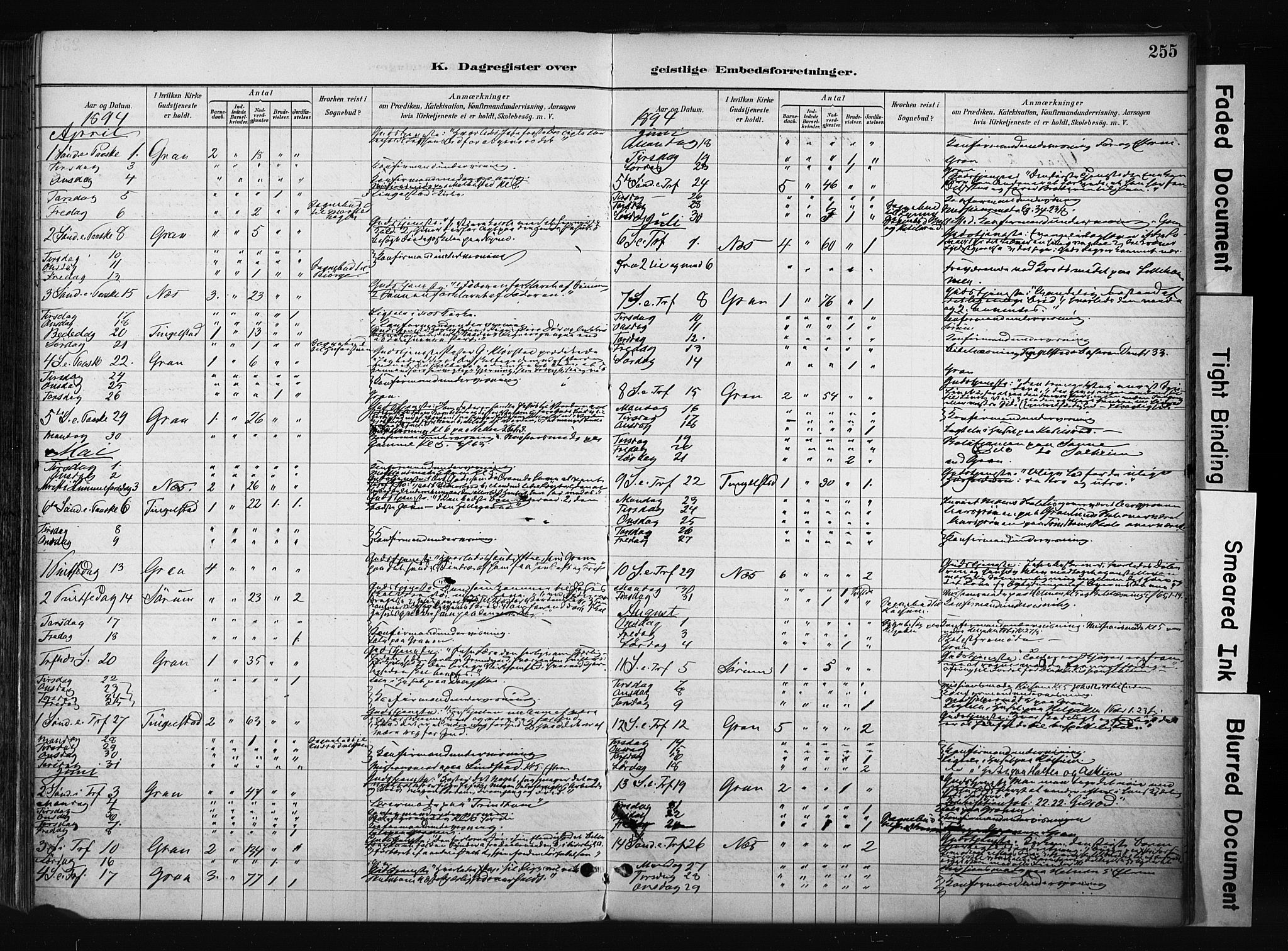 Gran prestekontor, SAH/PREST-112/H/Ha/Haa/L0017: Parish register (official) no. 17, 1889-1897, p. 255