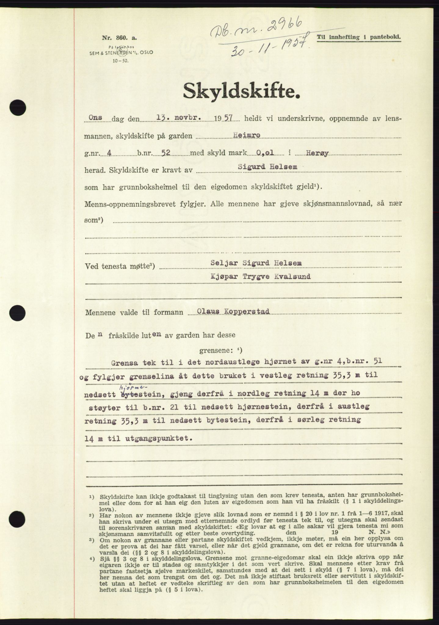Søre Sunnmøre sorenskriveri, AV/SAT-A-4122/1/2/2C/L0108: Mortgage book no. 34A, 1957-1958, Diary no: : 2966/1957