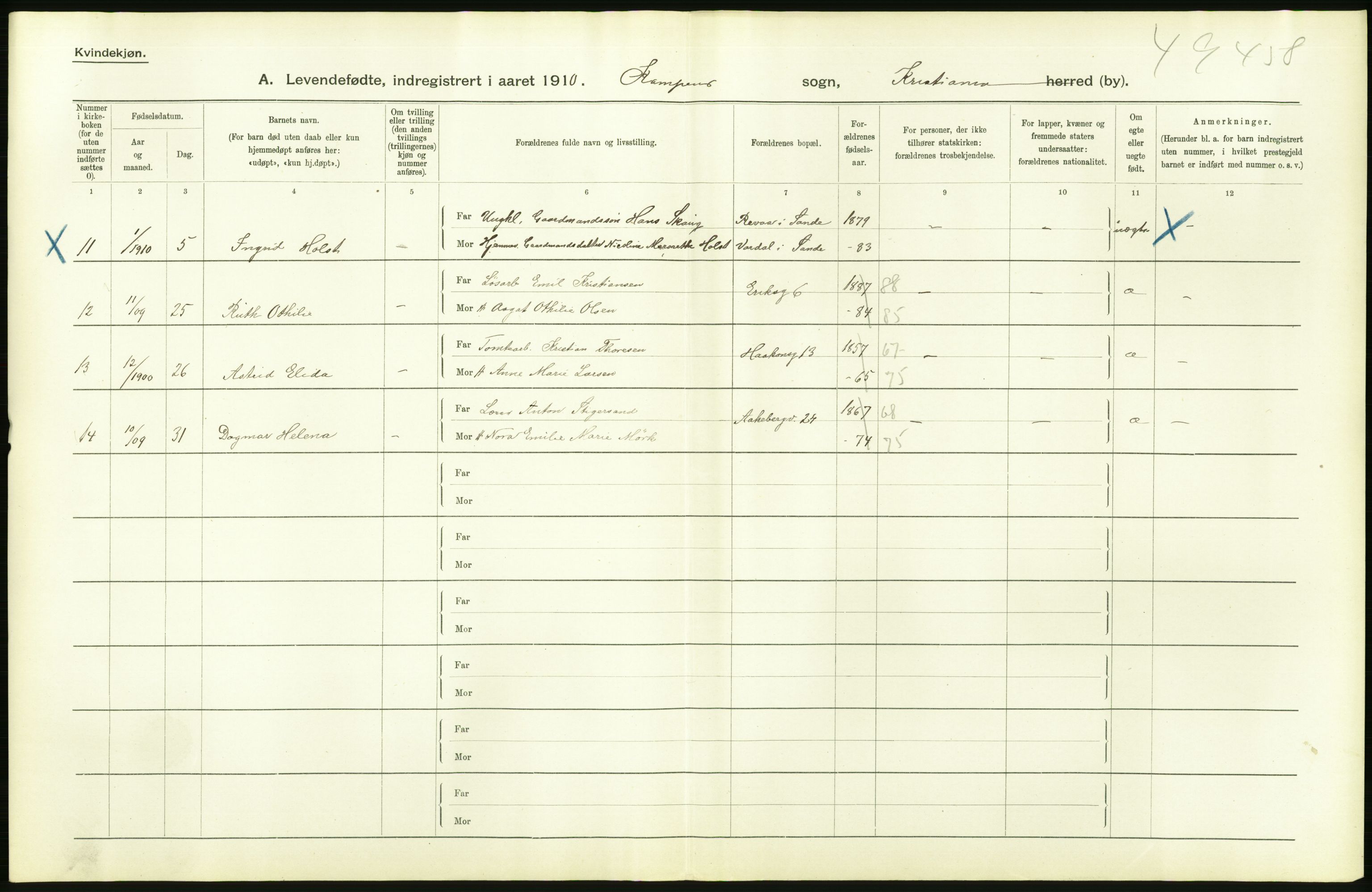 Statistisk sentralbyrå, Sosiodemografiske emner, Befolkning, AV/RA-S-2228/D/Df/Dfa/Dfah/L0007: Kristiania: Levendefødte kvinner., 1910, p. 60