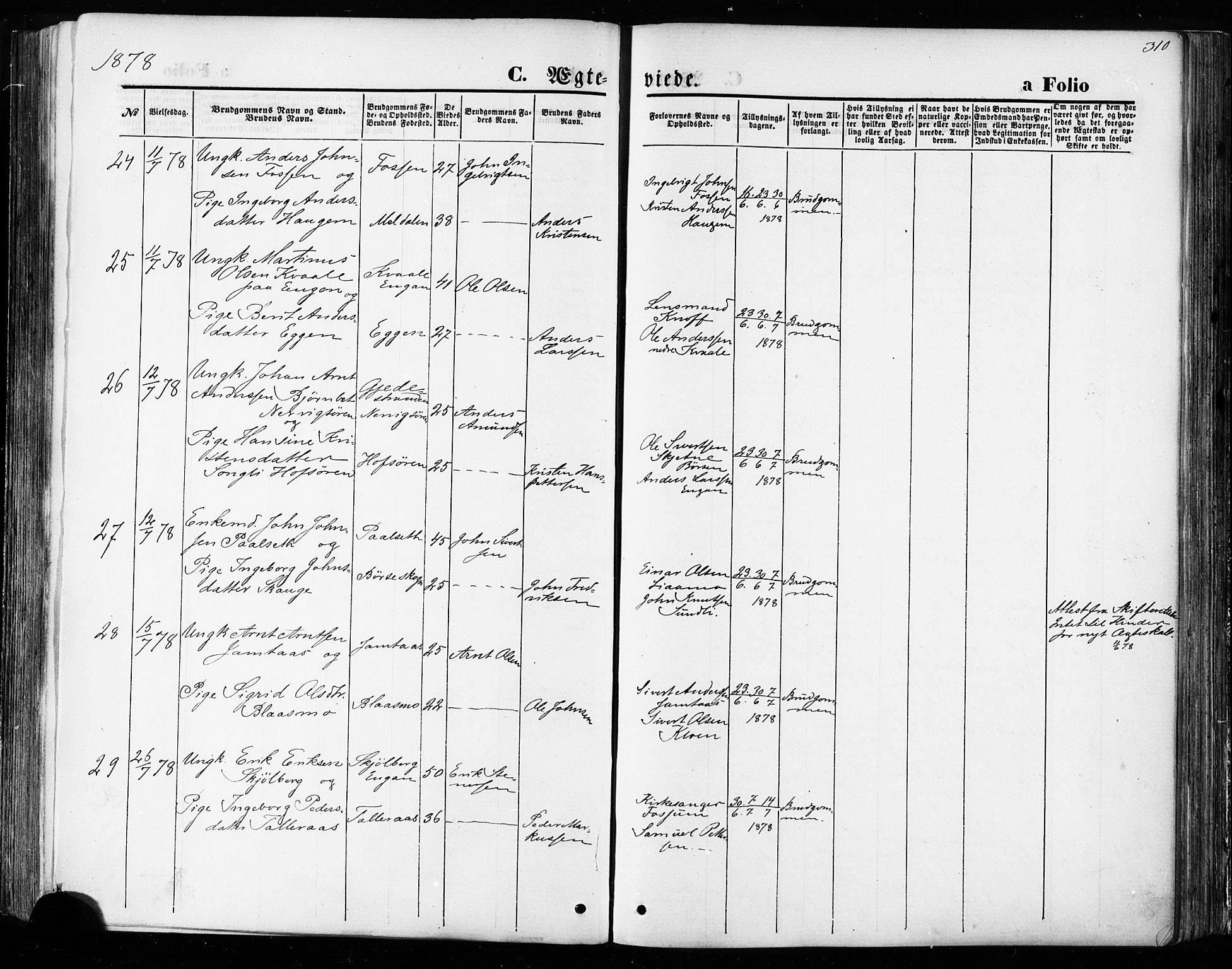 Ministerialprotokoller, klokkerbøker og fødselsregistre - Sør-Trøndelag, AV/SAT-A-1456/668/L0807: Parish register (official) no. 668A07, 1870-1880, p. 310