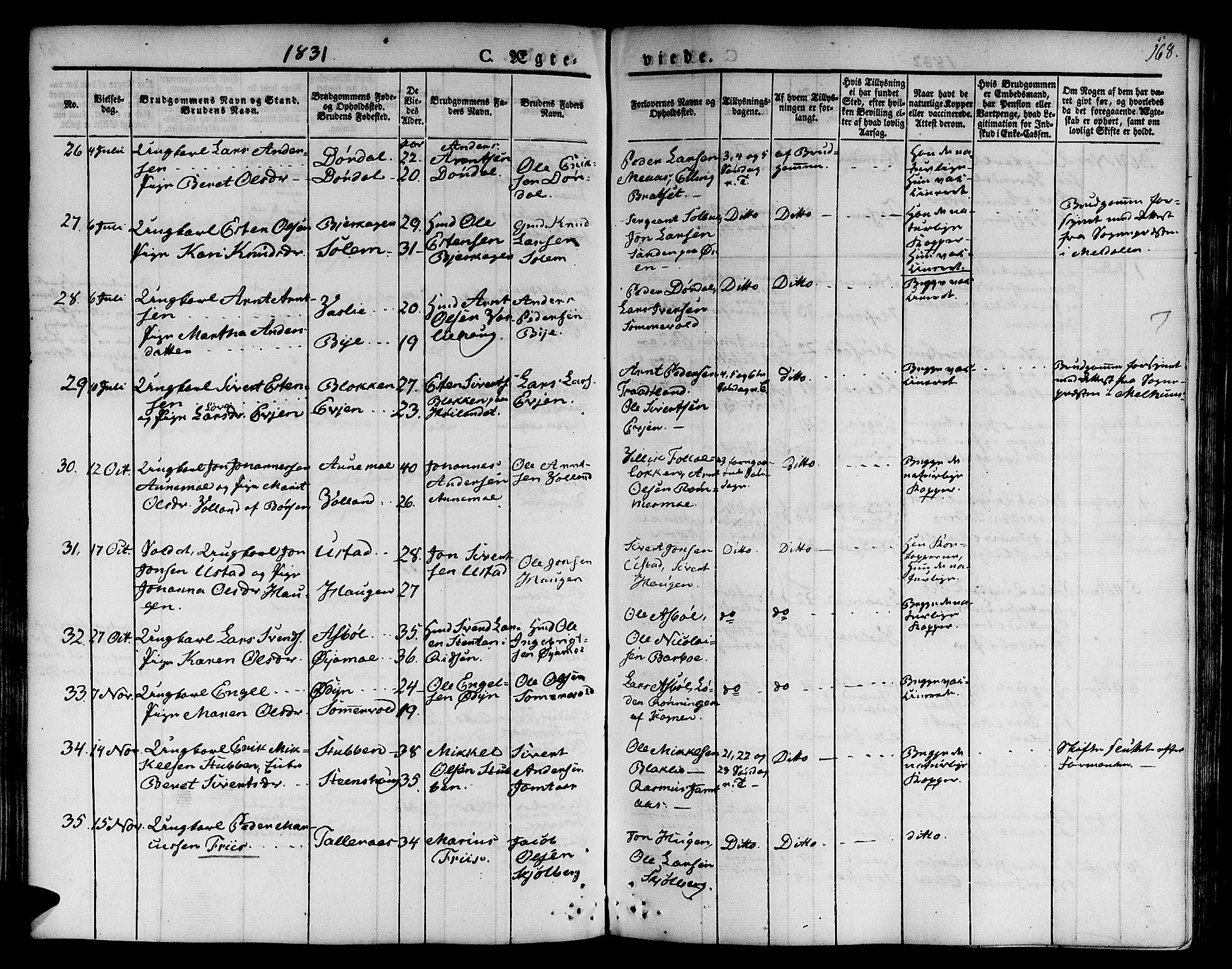 Ministerialprotokoller, klokkerbøker og fødselsregistre - Sør-Trøndelag, SAT/A-1456/668/L0804: Parish register (official) no. 668A04, 1826-1839, p. 168