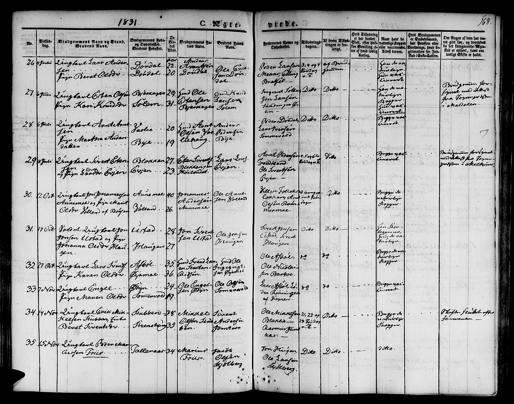 Ministerialprotokoller, klokkerbøker og fødselsregistre - Sør-Trøndelag, AV/SAT-A-1456/668/L0804: Parish register (official) no. 668A04, 1826-1839, p. 168