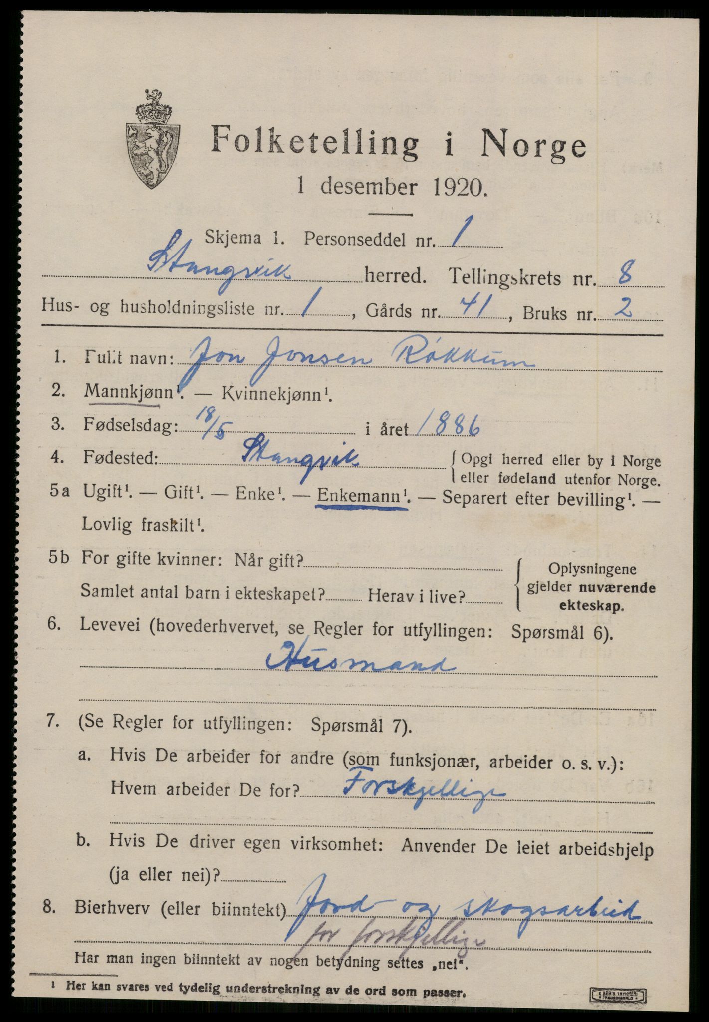 SAT, 1920 census for Stangvik, 1920, p. 4780