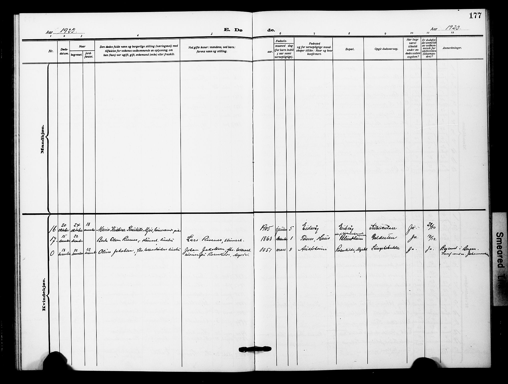 Åsane sokneprestembete, AV/SAB-A-79401/H/Hab: Parish register (copy) no. A 4, 1915-1927, p. 177