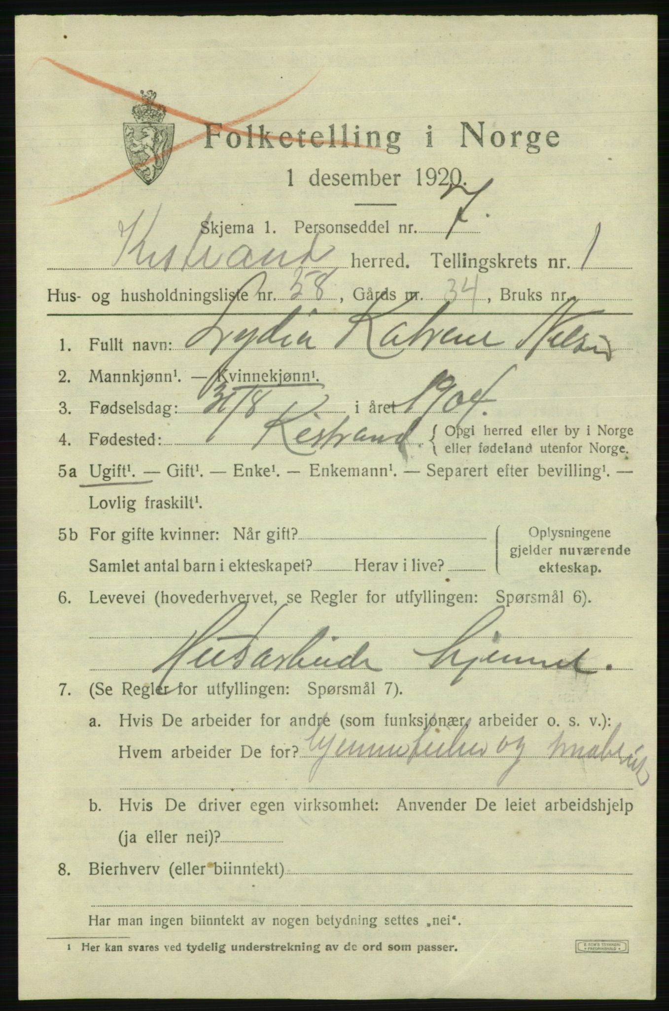 SATØ, 1920 census for Kistrand, 1920, p. 1486