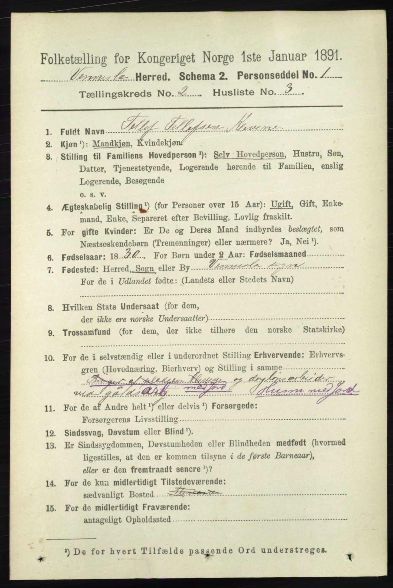 RA, 1891 census for 1014 Vennesla, 1891, p. 404