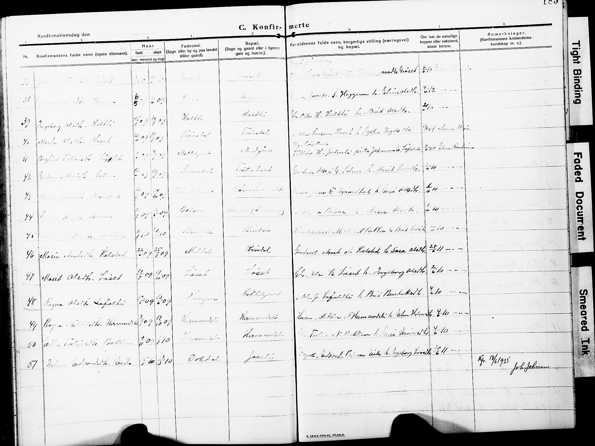 Ministerialprotokoller, klokkerbøker og fødselsregistre - Møre og Romsdal, AV/SAT-A-1454/598/L1079: Parish register (copy) no. 598C04, 1909-1927, p. 185