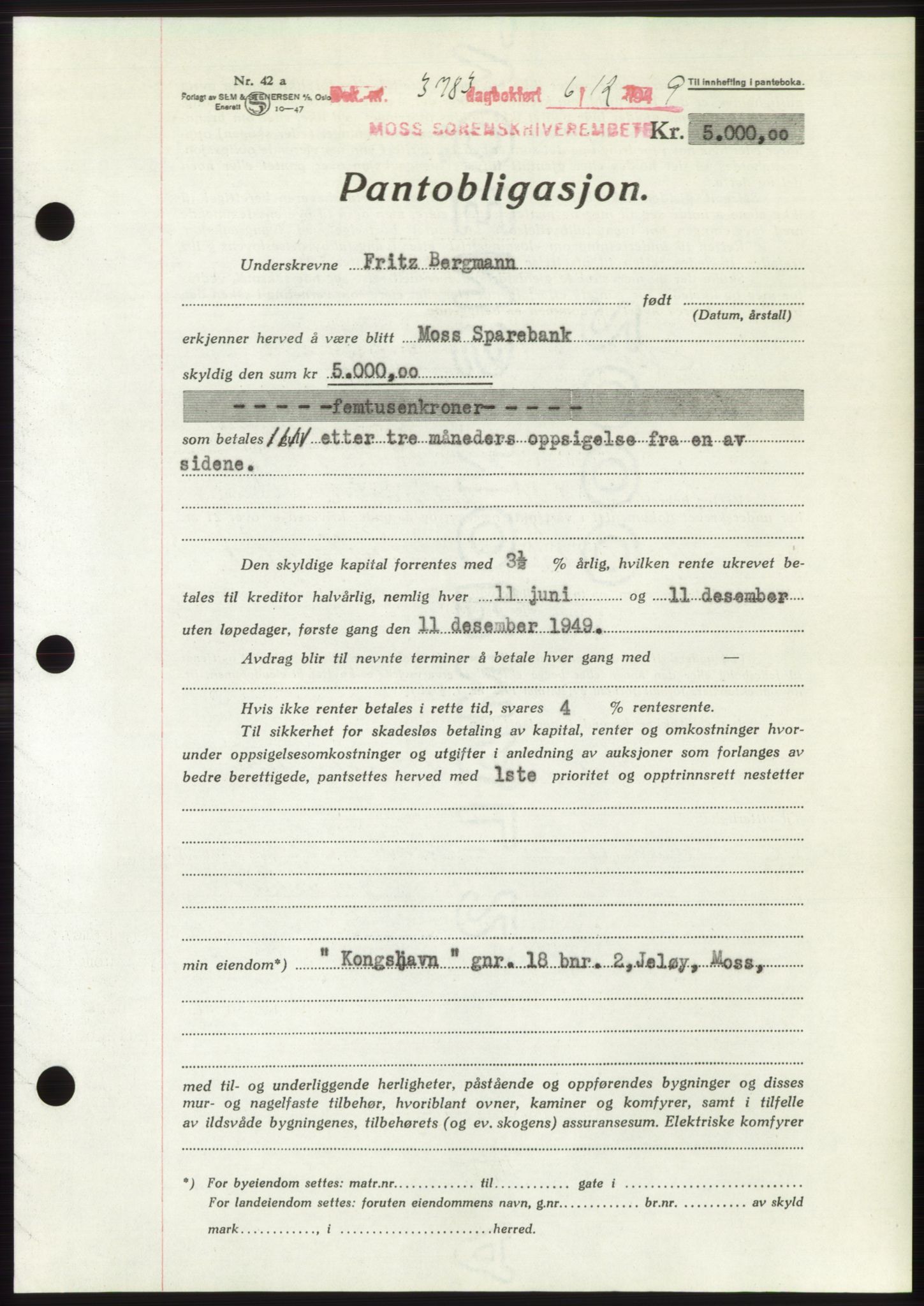 Moss sorenskriveri, SAO/A-10168: Mortgage book no. B23, 1949-1950, Diary no: : 3783/1949