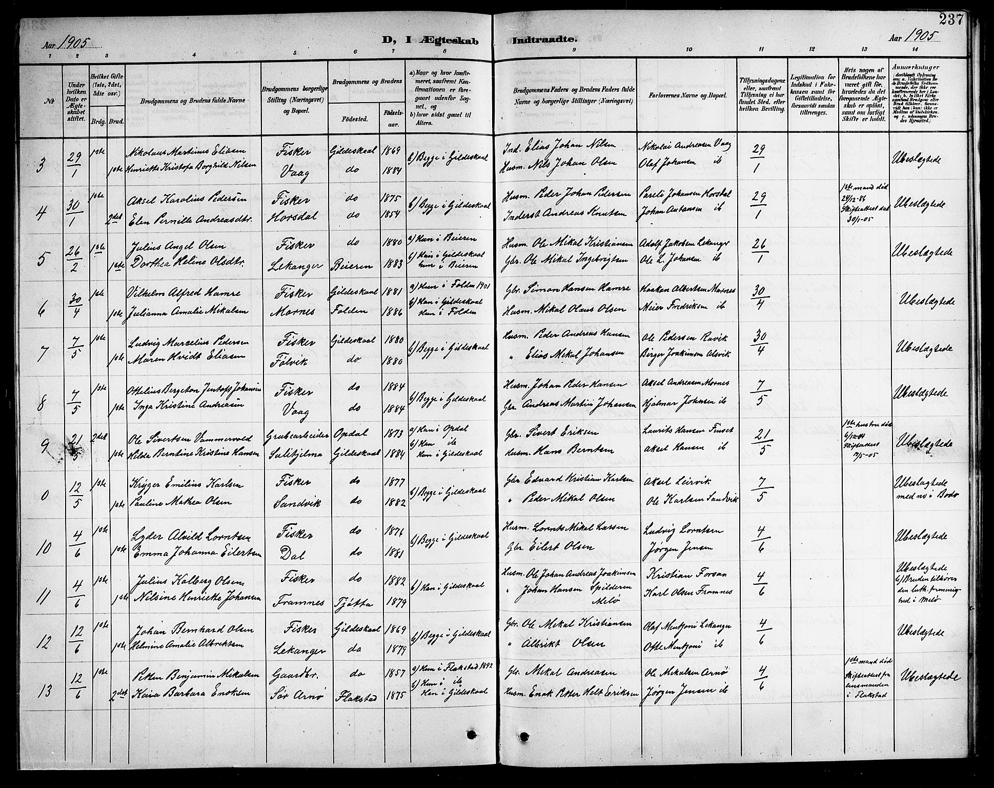 Ministerialprotokoller, klokkerbøker og fødselsregistre - Nordland, AV/SAT-A-1459/805/L0109: Parish register (copy) no. 805C05, 1900-1911, p. 237