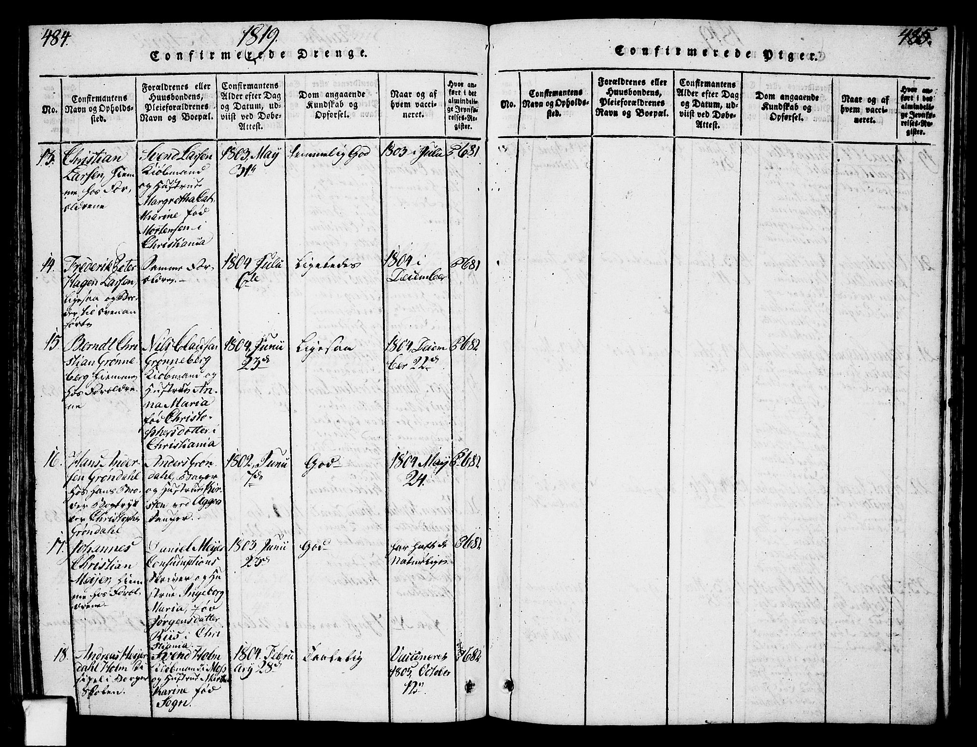 Oslo domkirke Kirkebøker, SAO/A-10752/F/Fa/L0007: Parish register (official) no. 7, 1817-1824, p. 484-485