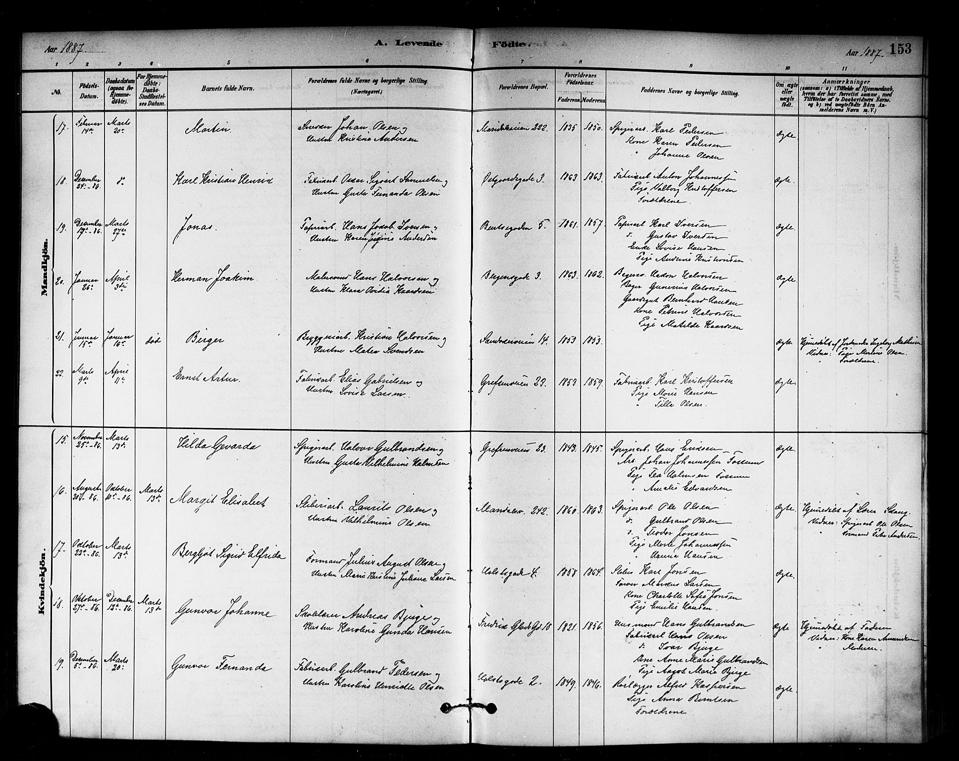 Sagene prestekontor Kirkebøker, AV/SAO-A-10796/G/L0001: Parish register (copy) no. 1, 1880-1891, p. 153