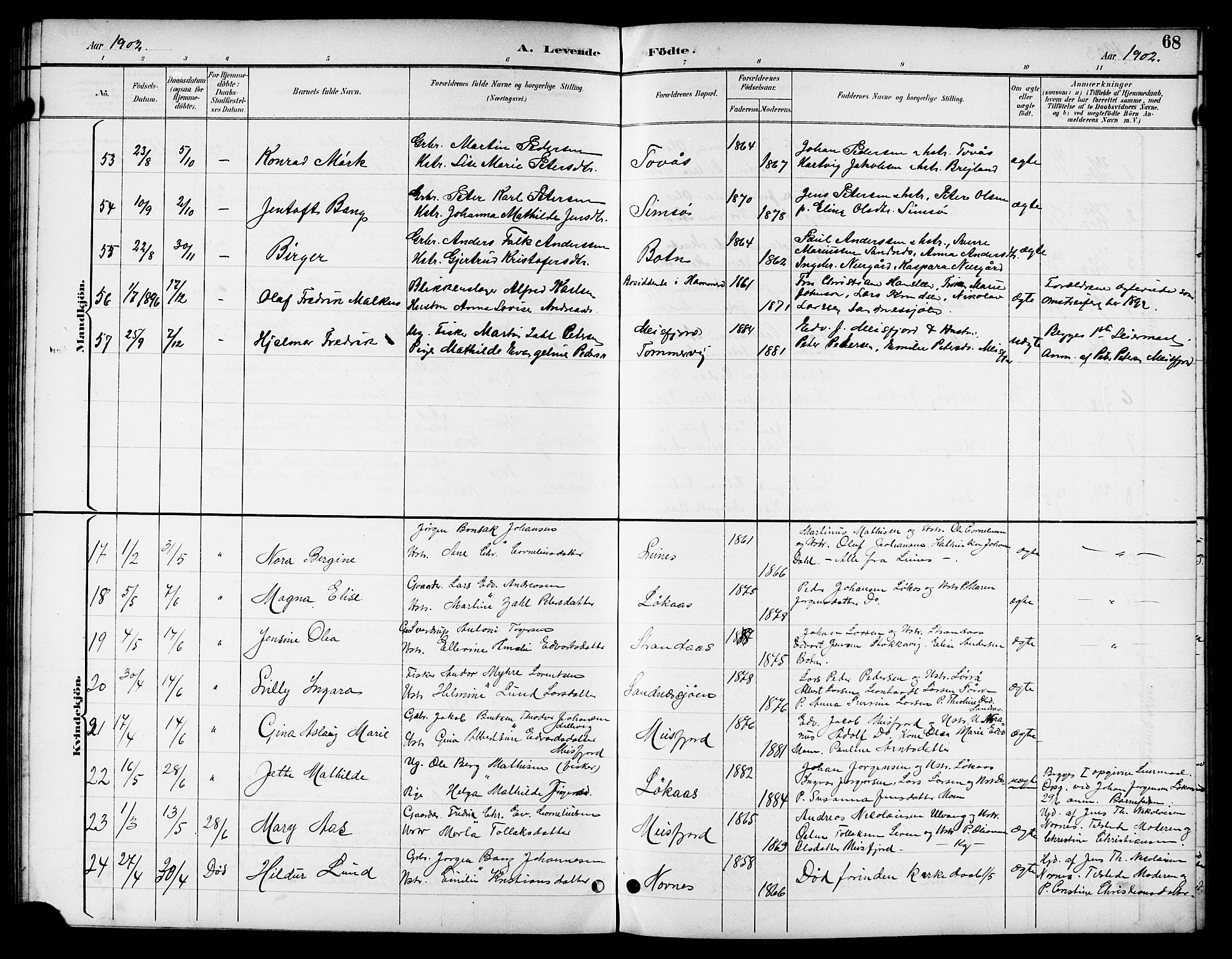 Ministerialprotokoller, klokkerbøker og fødselsregistre - Nordland, SAT/A-1459/831/L0478: Parish register (copy) no. 831C05, 1892-1909, p. 68