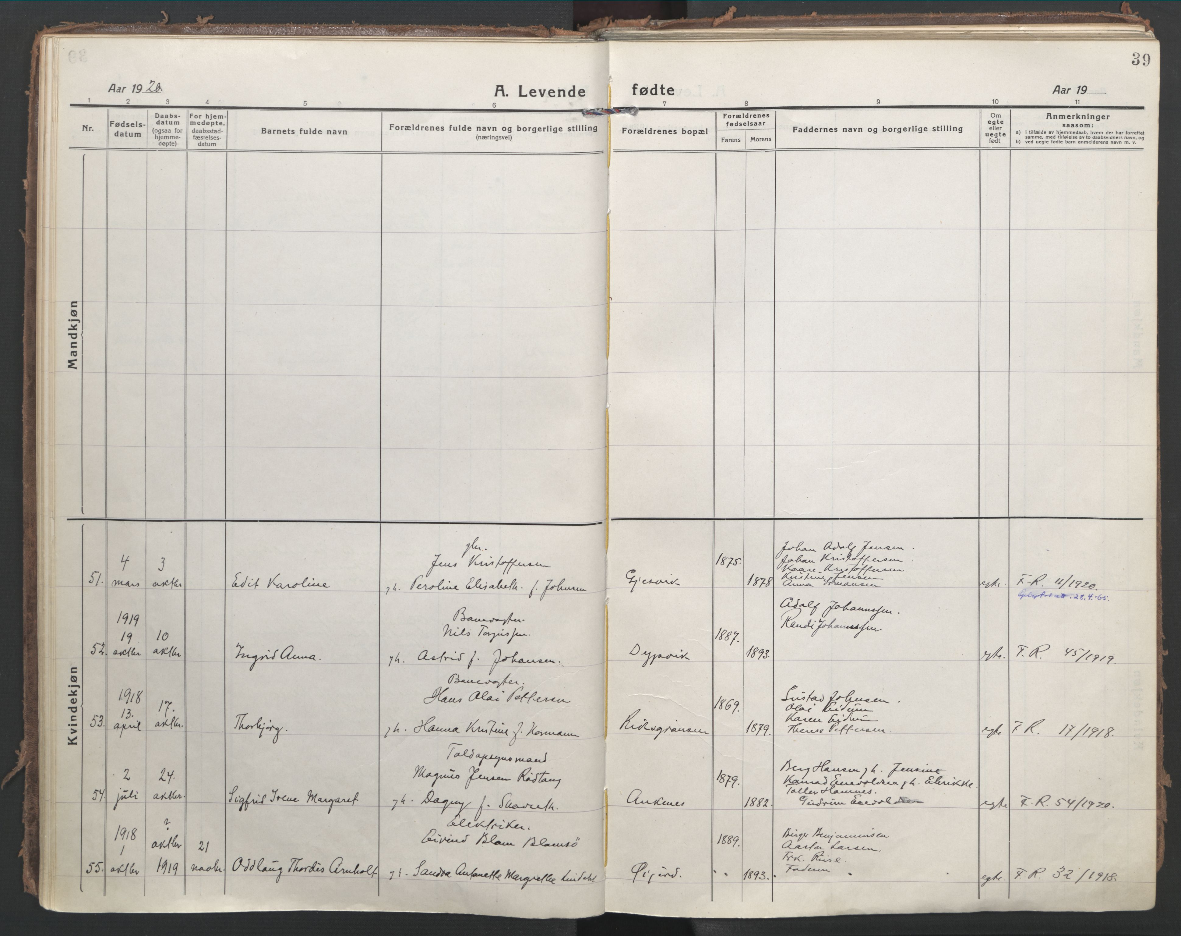 Ministerialprotokoller, klokkerbøker og fødselsregistre - Nordland, AV/SAT-A-1459/866/L0945: Parish register (official) no. 866A08, 1917-1935, p. 39