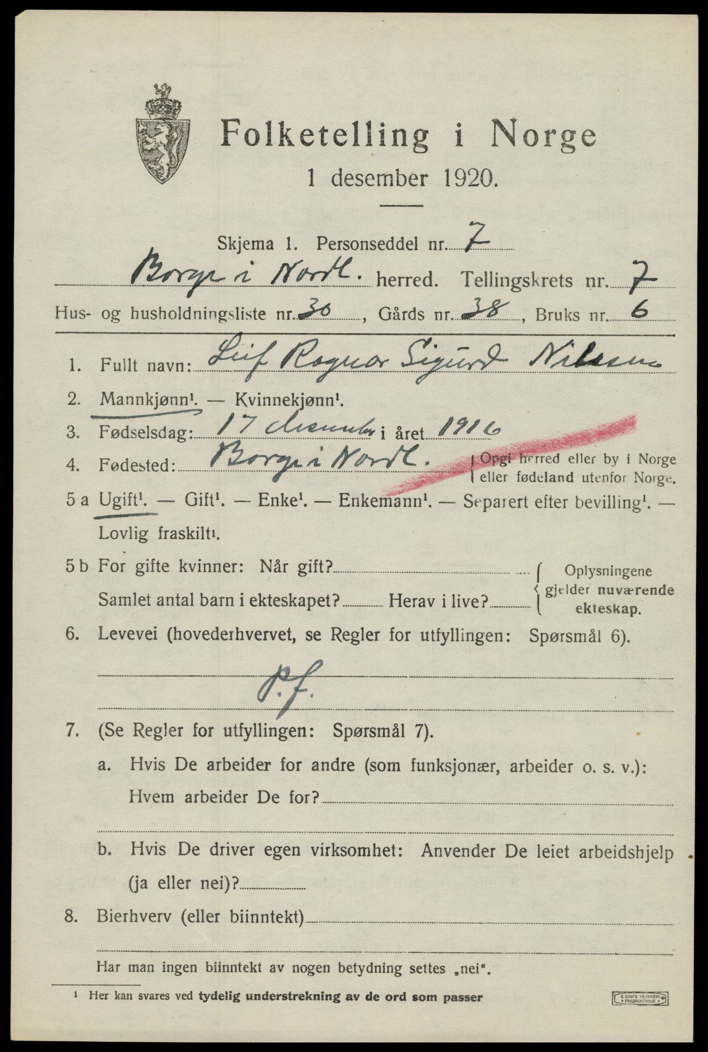 SAT, 1920 census for Borge, 1920, p. 6749