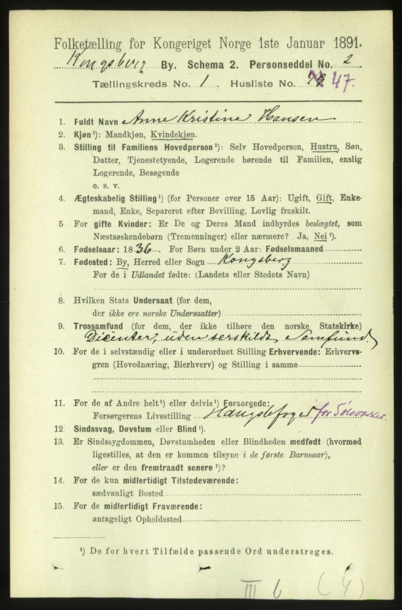 RA, 1891 census for 0604 Kongsberg, 1891, p. 1936