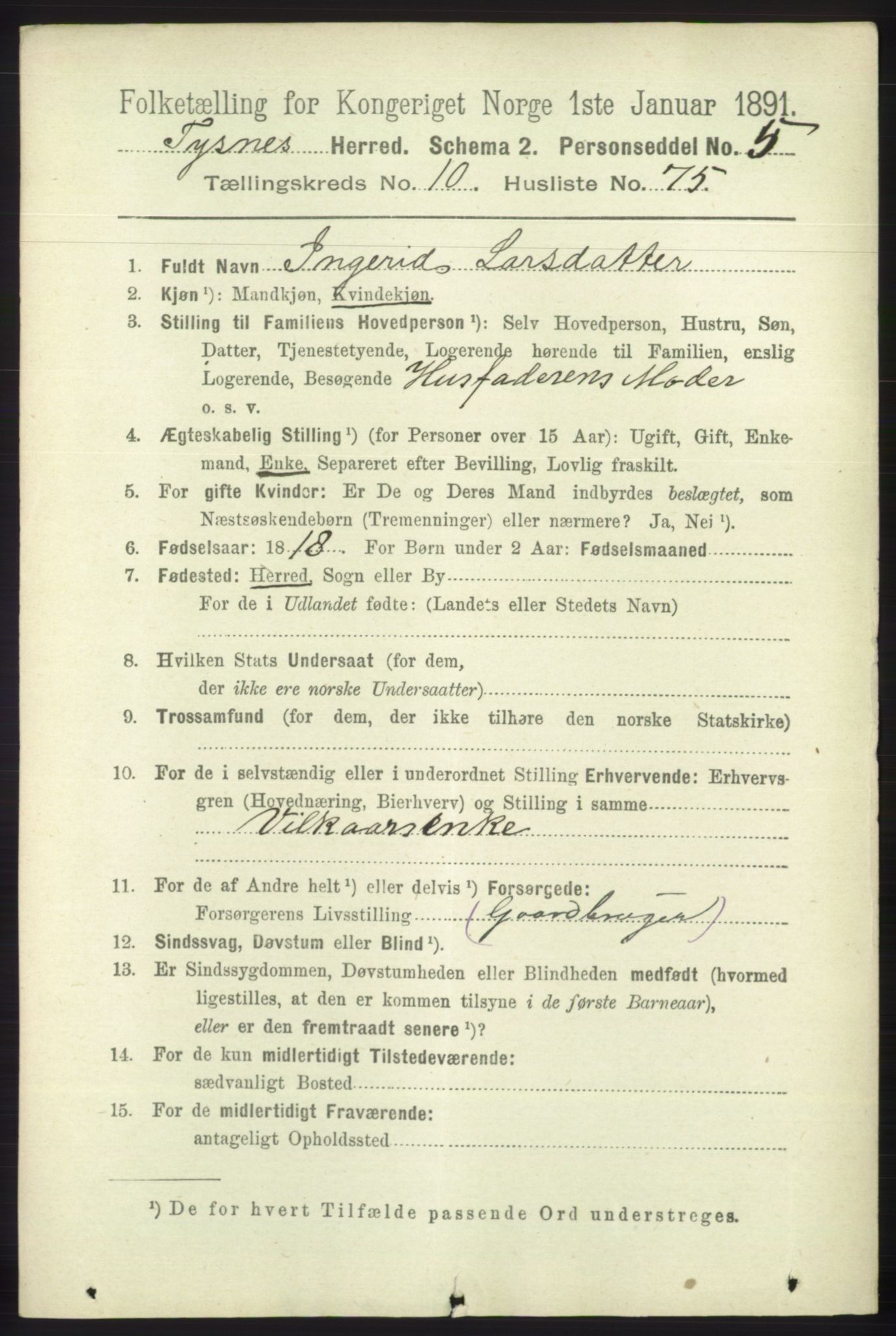 RA, 1891 census for 1223 Tysnes, 1891, p. 5303