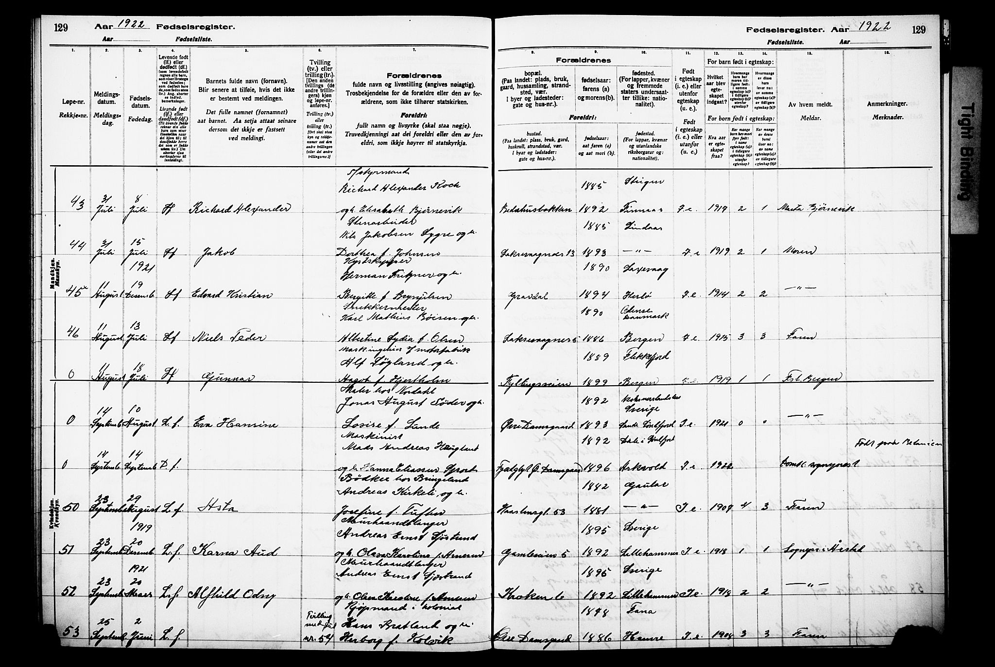 Laksevåg Sokneprestembete, AV/SAB-A-76501/I/Id/L00A1: Birth register no. A 1, 1916-1926, p. 129