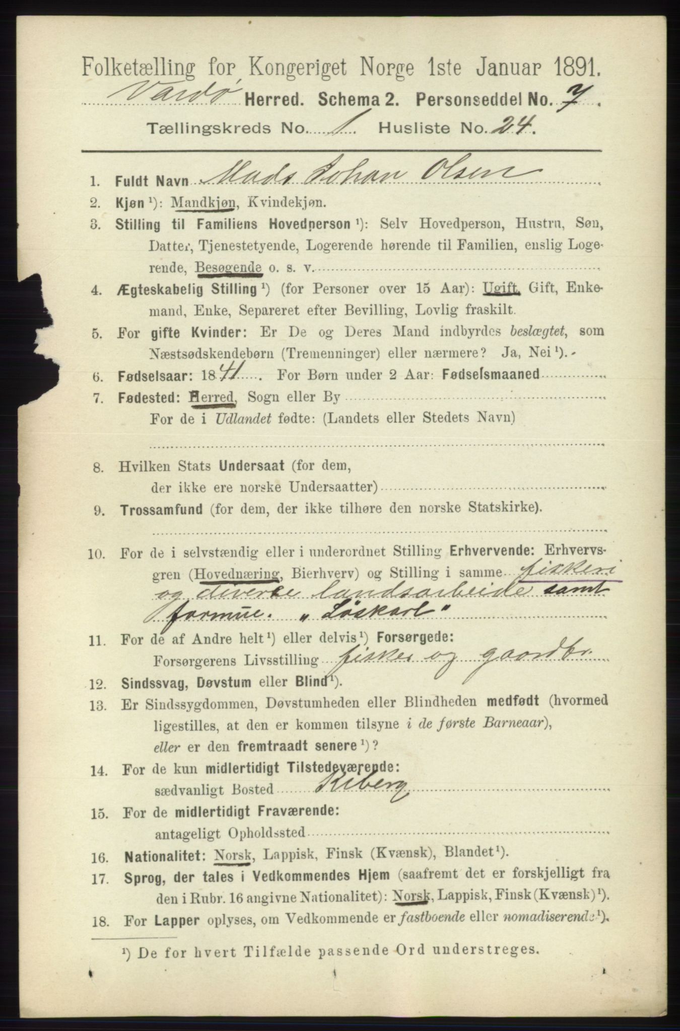 RA, 1891 census for 2028 Vardø, 1891, p. 189