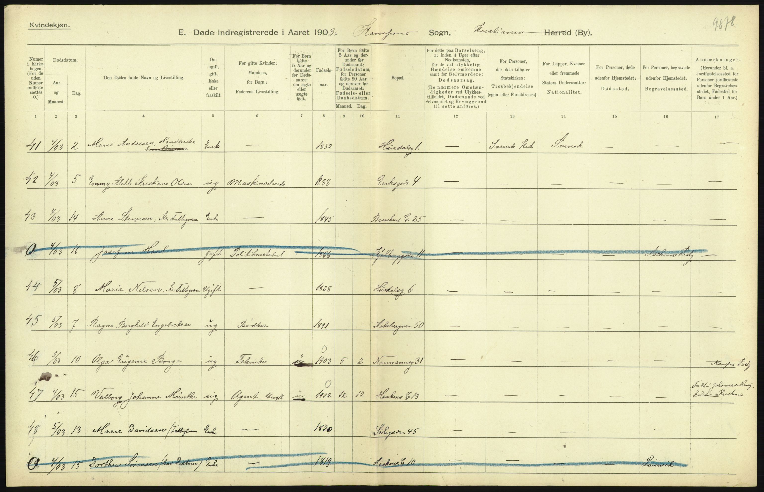 Statistisk sentralbyrå, Sosiodemografiske emner, Befolkning, AV/RA-S-2228/D/Df/Dfa/Dfaa/L0004: Kristiania: Gifte, døde, 1903, p. 251