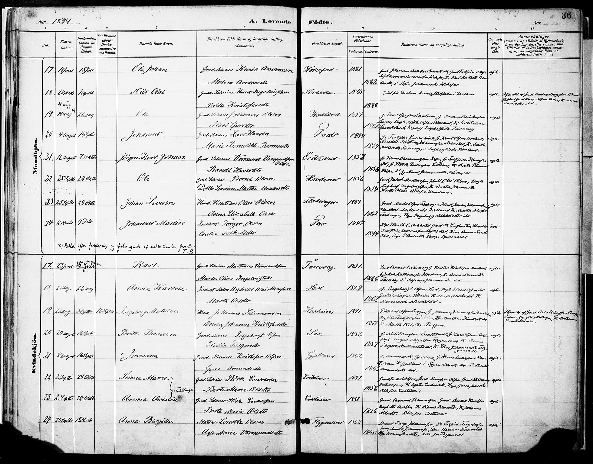 Tysnes sokneprestembete, SAB/A-78601/H/Haa: Parish register (official) no. D 1, 1887-1904, p. 36