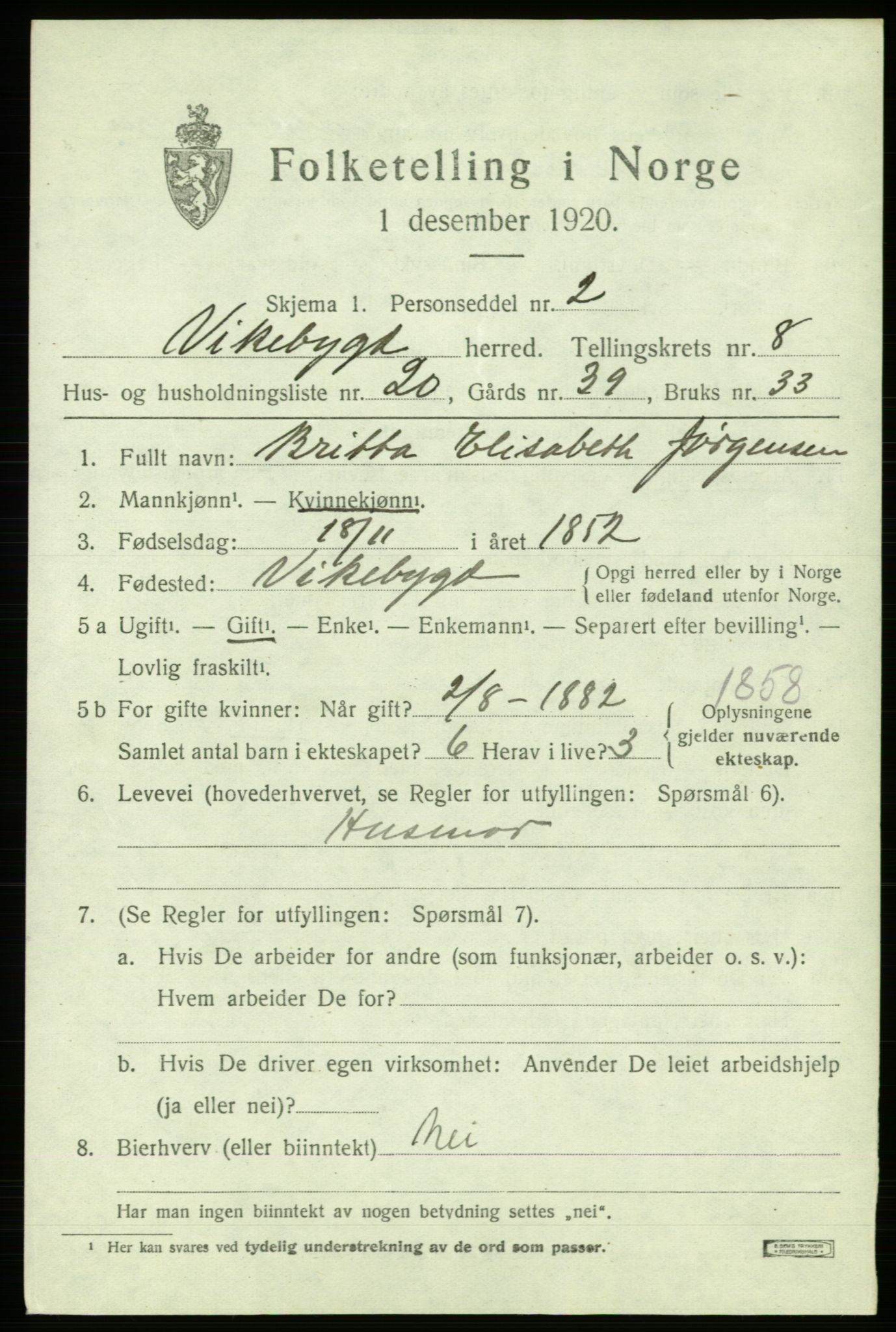 SAB, 1920 census for Vikebygd, 1920, p. 2943