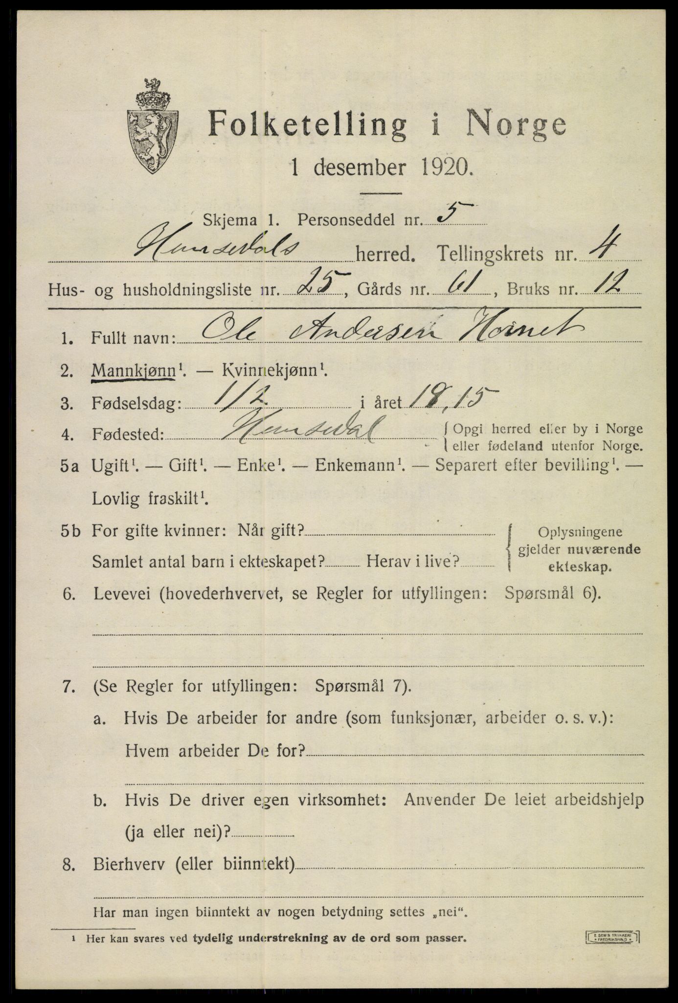 SAKO, 1920 census for Hemsedal, 1920, p. 1736