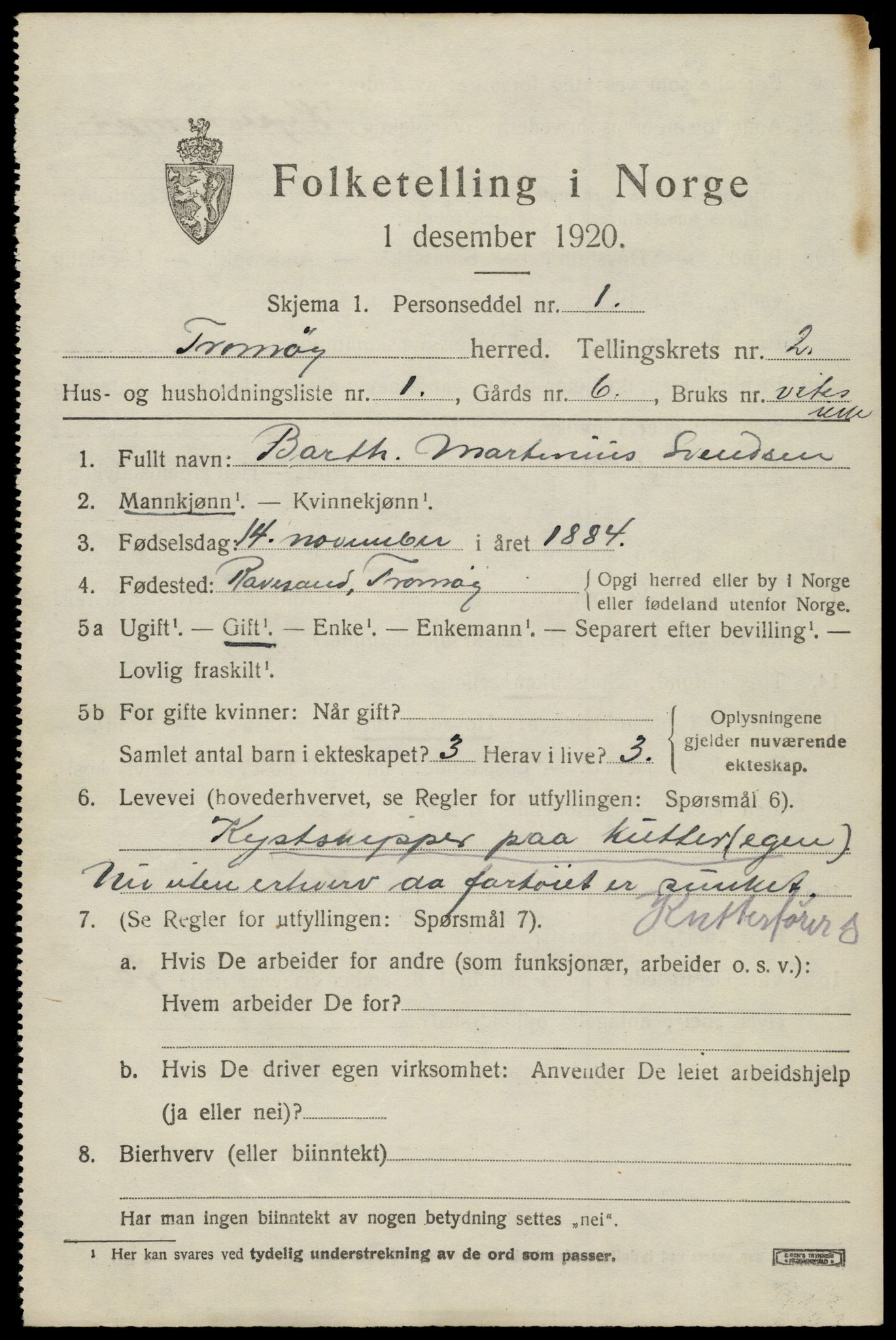 SAK, 1920 census for Tromøy, 1920, p. 1293