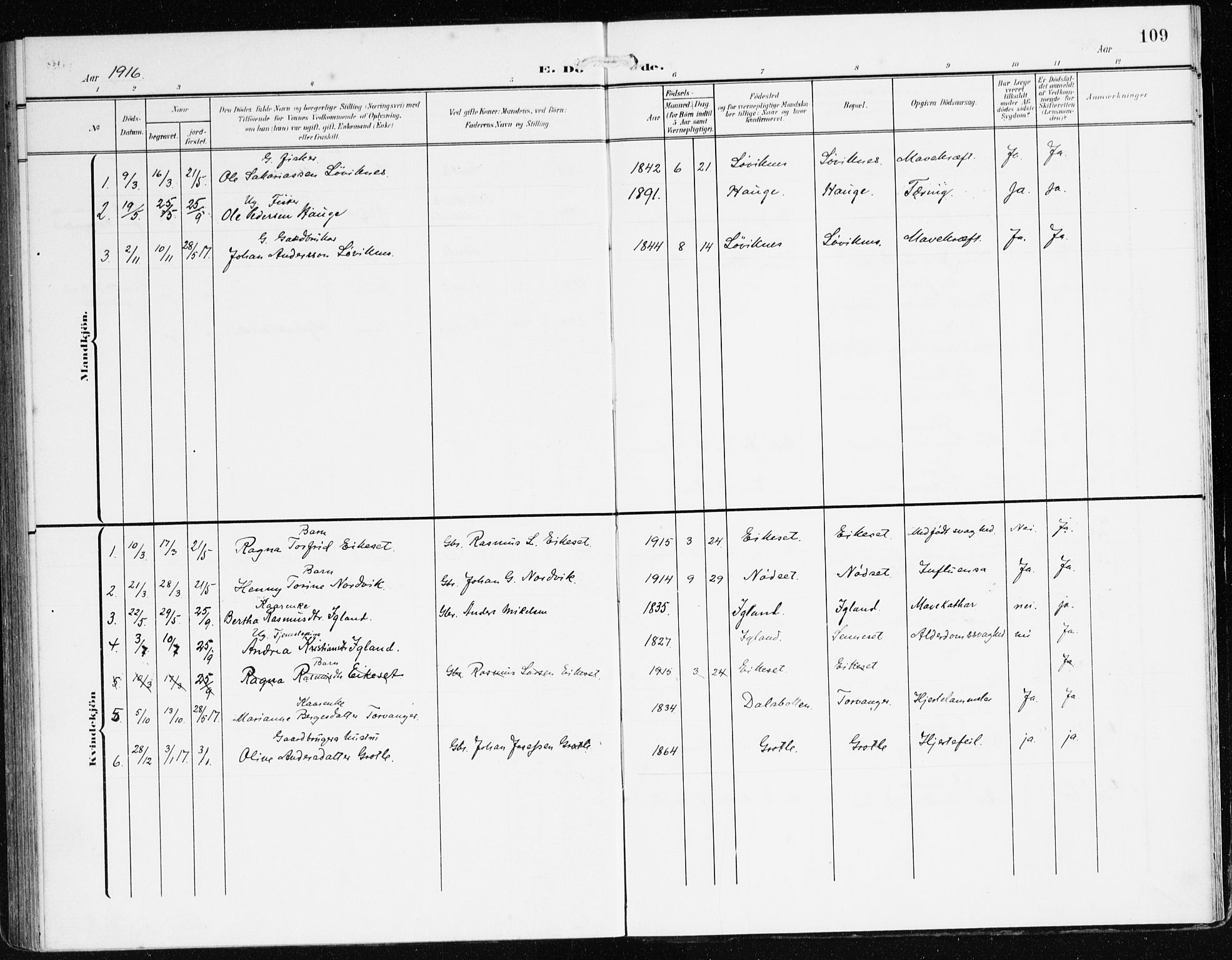 Bremanger sokneprestembete, SAB/A-82201/H/Haa/Haac/L0001: Parish register (official) no. C 1, 1908-1921, p. 109