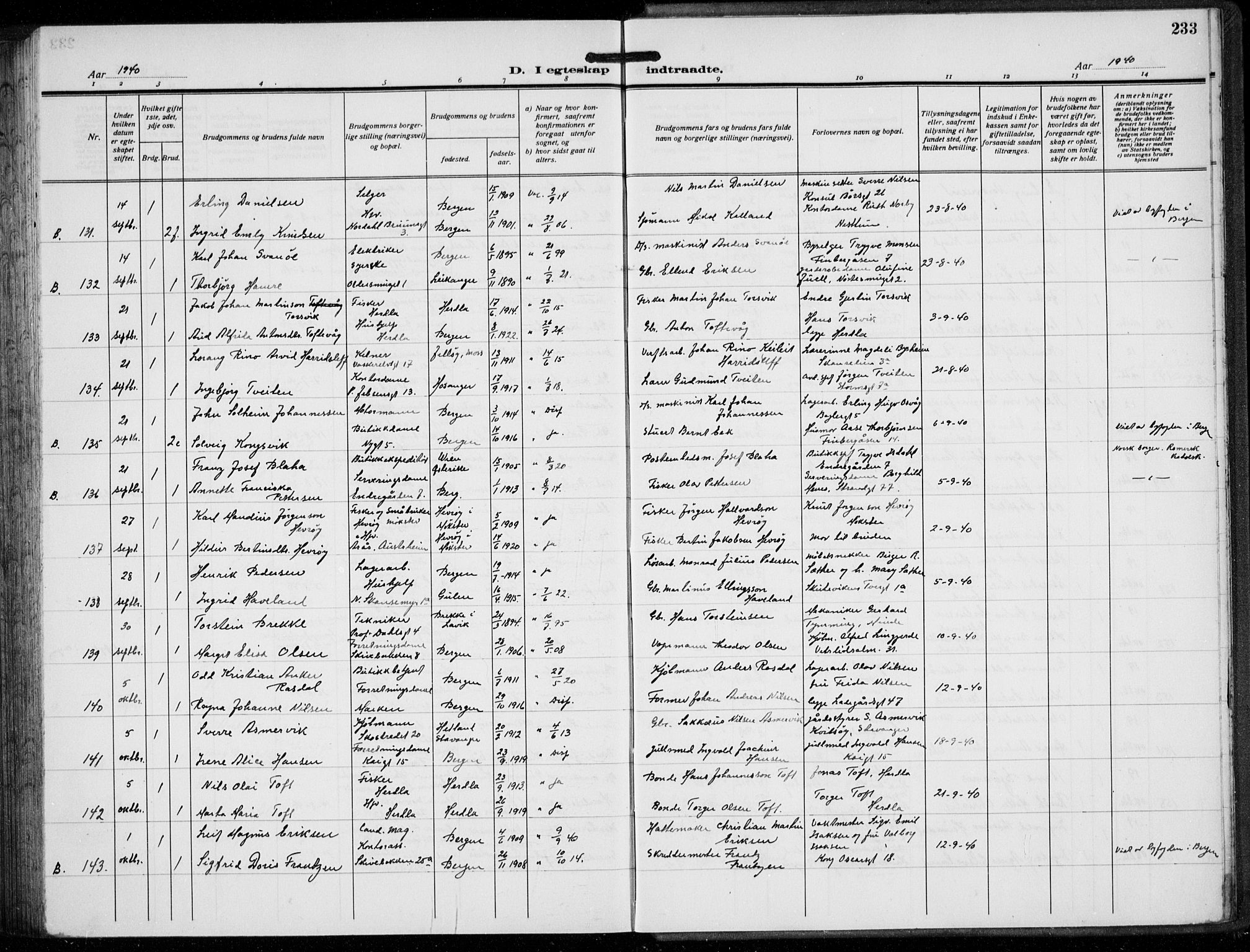 Domkirken sokneprestembete, AV/SAB-A-74801/H/Hab/L0034: Parish register (copy) no. D 6, 1924-1941, p. 233